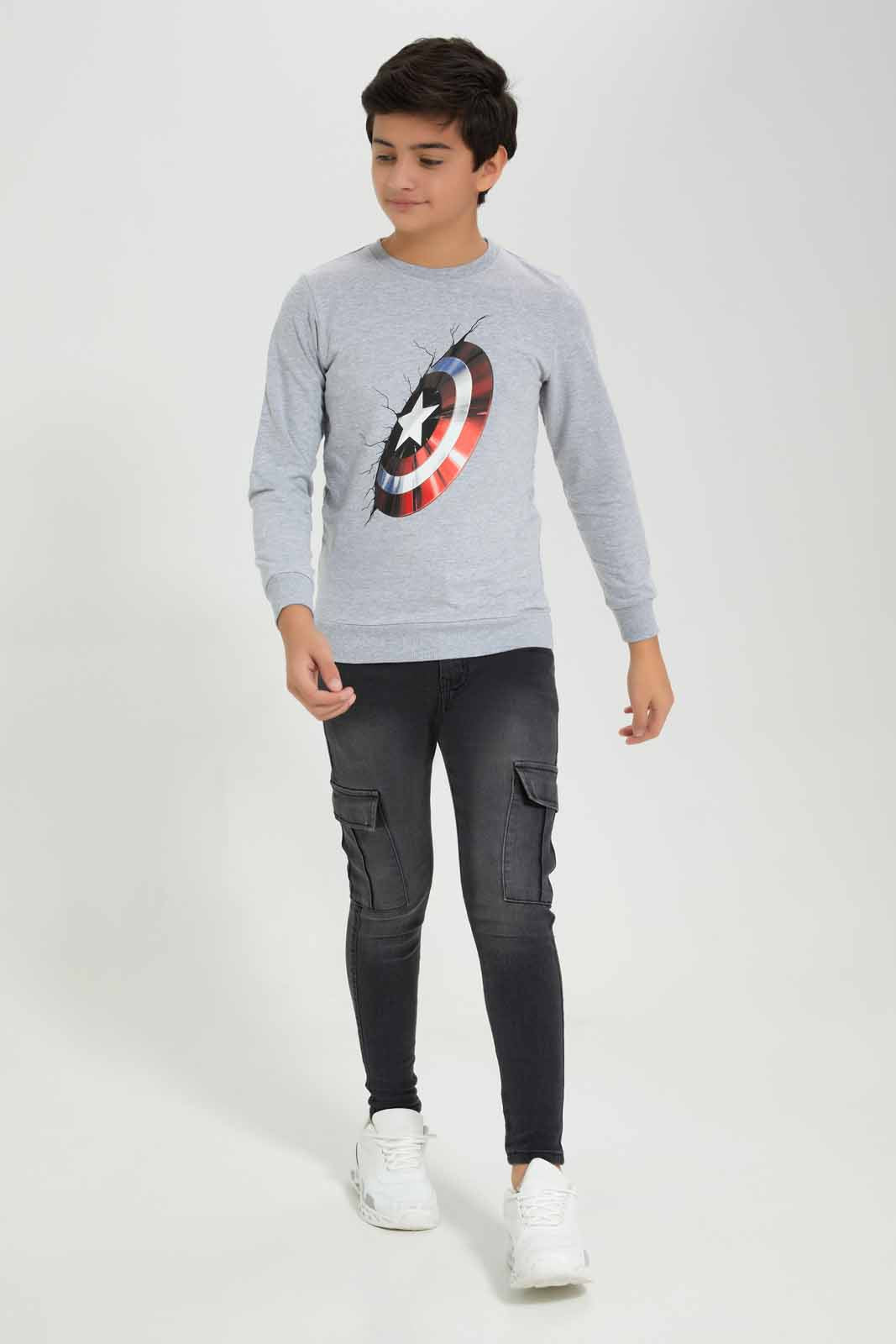 Redtag-Grey-Melange-Captain-America-Sweatshirt-BSR-Sweatshirts,-Category:Sweatshirts,-Colour:Grey,-Deals:New-In,-Filter:Senior-Boys-(8-to-14-Yrs),-New-In-BSR-APL,-Non-Sale,-Section:Boys-(0-to-14Yrs),-TBL,-W22B-Senior-Boys-9 to 14 Years