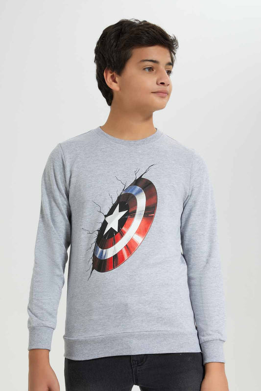 Redtag-Grey-Melange-Captain-America-Sweatshirt-BSR-Sweatshirts,-Category:Sweatshirts,-Colour:Grey,-Deals:New-In,-Filter:Senior-Boys-(8-to-14-Yrs),-New-In-BSR-APL,-Non-Sale,-Section:Boys-(0-to-14Yrs),-TBL,-W22B-Senior-Boys-9 to 14 Years