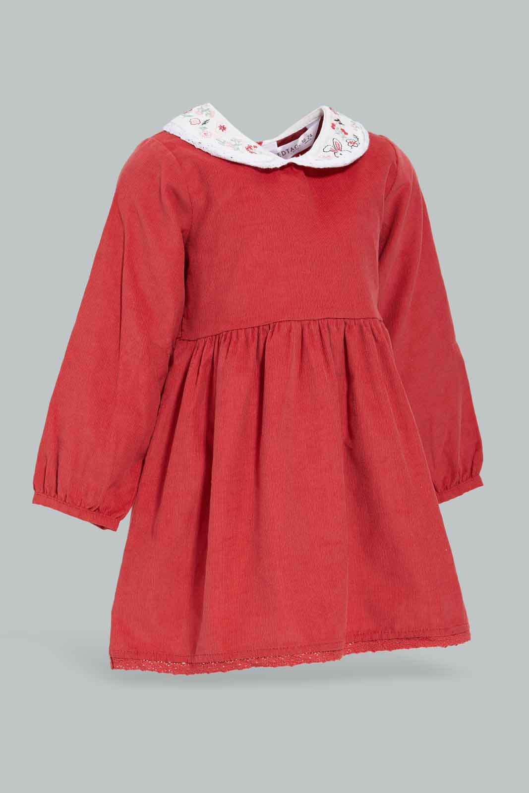Redtag-Red-Corduroy-Solid-Peterpan-Collar-Dress-Category:Dresses,-Colour:Red,-Deals:New-In,-Filter:Infant-Girls-(3-to-24-Mths),-ING-Dresses,-New-In-ING-APL,-Non-Sale,-Section:Girls-(0-to-14Yrs),-W22B-Infant-Girls-3 to 24 Months