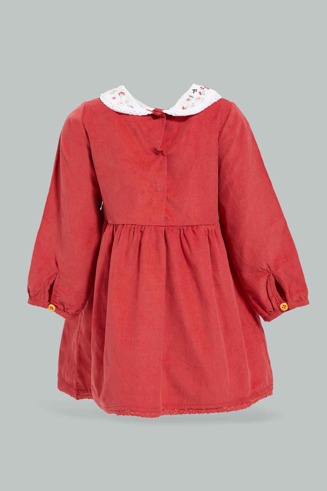 Redtag-Red-Corduroy-Solid-Peterpan-Collar-Dress-Category:Dresses,-Colour:Red,-Deals:New-In,-Filter:Infant-Girls-(3-to-24-Mths),-ING-Dresses,-New-In-ING-APL,-Non-Sale,-Section:Girls-(0-to-14Yrs),-W22B-Infant-Girls-3 to 24 Months