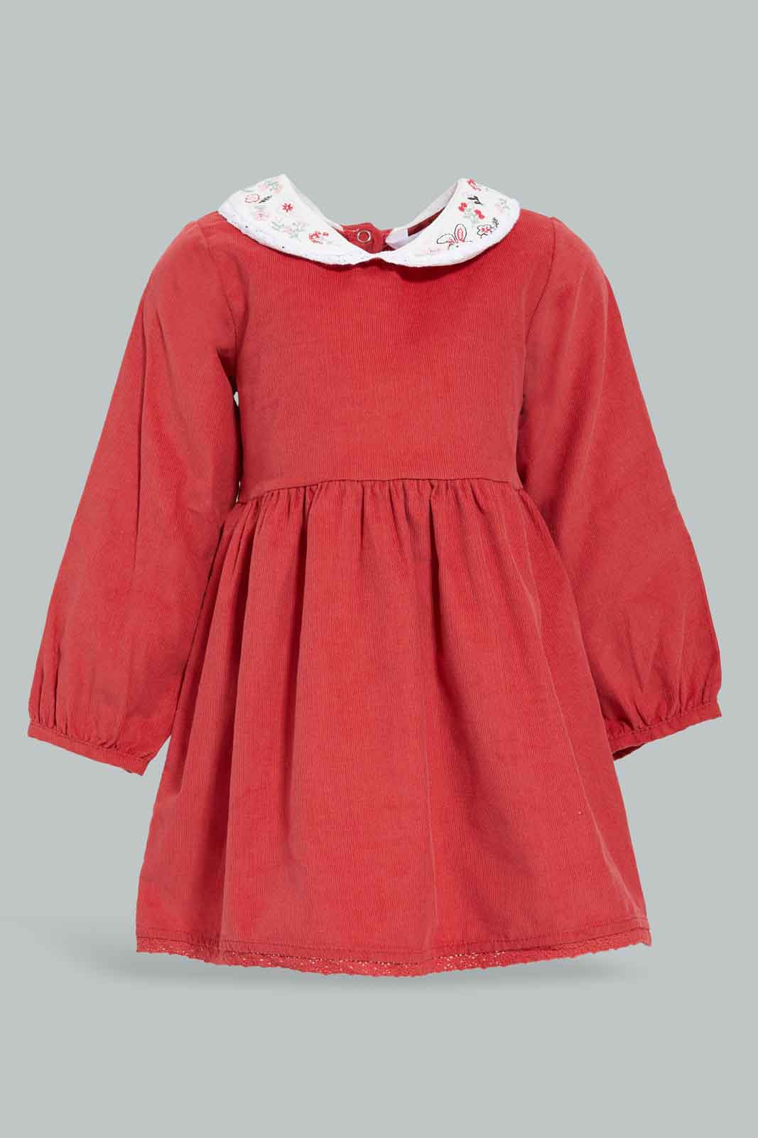 Redtag-Red-Corduroy-Solid-Peterpan-Collar-Dress-Category:Dresses,-Colour:Red,-Deals:New-In,-Filter:Infant-Girls-(3-to-24-Mths),-ING-Dresses,-New-In-ING-APL,-Non-Sale,-Section:Girls-(0-to-14Yrs),-W22B-Infant-Girls-3 to 24 Months