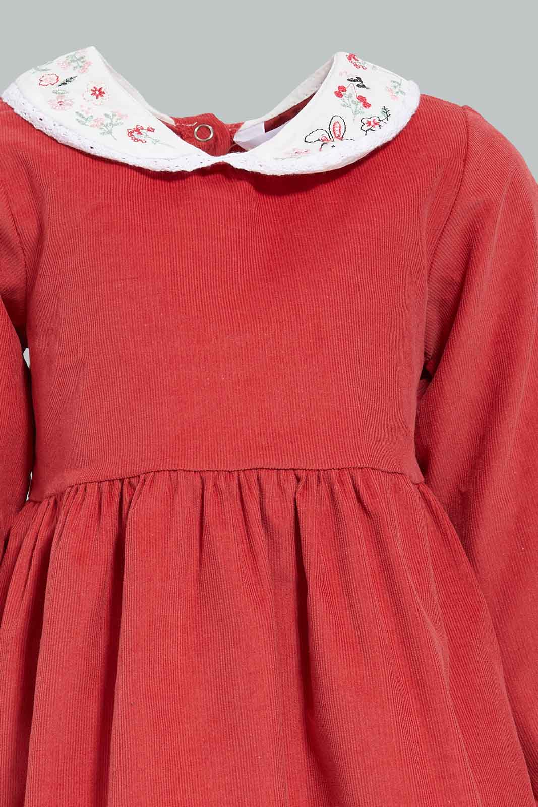 Redtag-Red-Corduroy-Solid-Peterpan-Collar-Dress-Category:Dresses,-Colour:Red,-Deals:New-In,-Filter:Infant-Girls-(3-to-24-Mths),-ING-Dresses,-New-In-ING-APL,-Non-Sale,-Section:Girls-(0-to-14Yrs),-W22B-Infant-Girls-3 to 24 Months