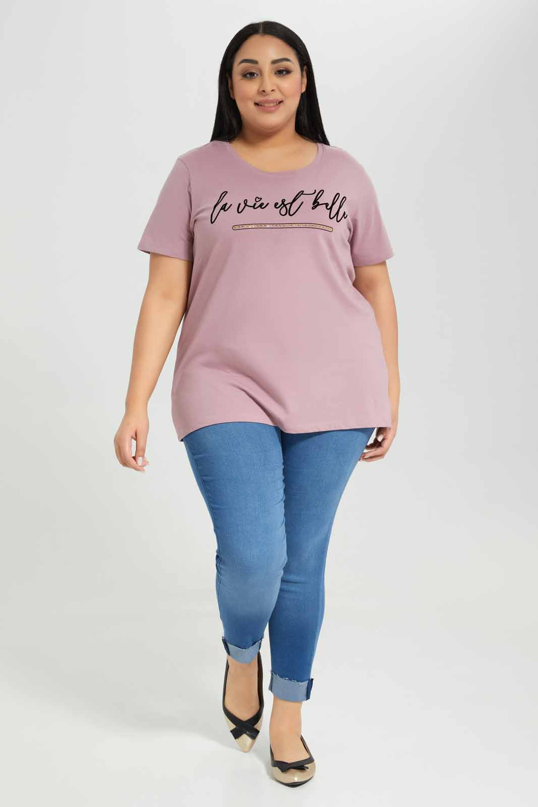 Redtag-Pink-Short-Sleeve-Placement-Print-T-Shirt-Category:T-Shirts,-Colour:Apricot,-Deals:New-In,-Filter:Plus-Size,-LDP-T-Shirts,-New-In-LDP-APL,-Non-Sale,-Section:Women,-TBL,-W22A-Women's-