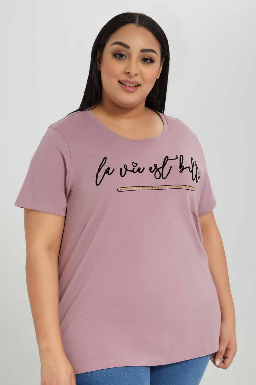 Redtag-Pink-Short-Sleeve-Placement-Print-T-Shirt-Category:T-Shirts,-Colour:Apricot,-Deals:New-In,-Filter:Plus-Size,-LDP-T-Shirts,-New-In-LDP-APL,-Non-Sale,-Section:Women,-TBL,-W22A-Women's-