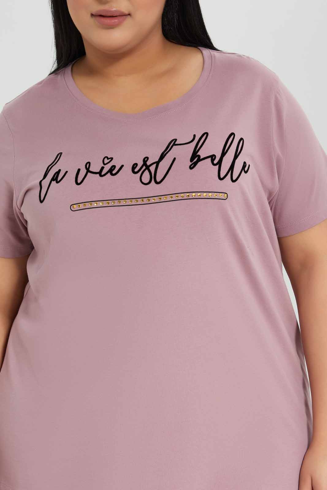 Redtag-Pink-Short-Sleeve-Placement-Print-T-Shirt-Category:T-Shirts,-Colour:Apricot,-Deals:New-In,-Filter:Plus-Size,-LDP-T-Shirts,-New-In-LDP-APL,-Non-Sale,-Section:Women,-TBL,-W22A-Women's-