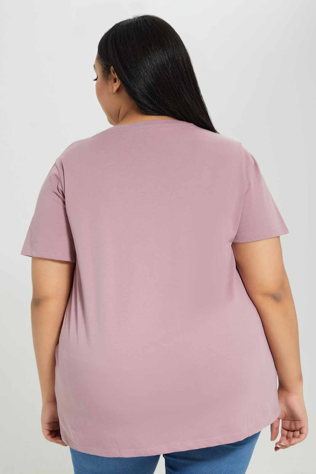 Redtag-Pink-Short-Sleeve-Placement-Print-T-Shirt-Category:T-Shirts,-Colour:Apricot,-Deals:New-In,-Filter:Plus-Size,-LDP-T-Shirts,-New-In-LDP-APL,-Non-Sale,-Section:Women,-TBL,-W22A-Women's-