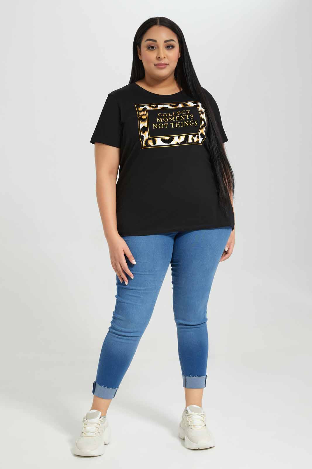 Redtag-Black-Short-Sleeve-Placement-Foil-Print-Category:T-Shirts,-Colour:Black,-Deals:New-In,-Filter:Plus-Size,-LDP-T-Shirts,-New-In-LDP-APL,-Non-Sale,-Section:Women,-TBL,-W22A-Women's-