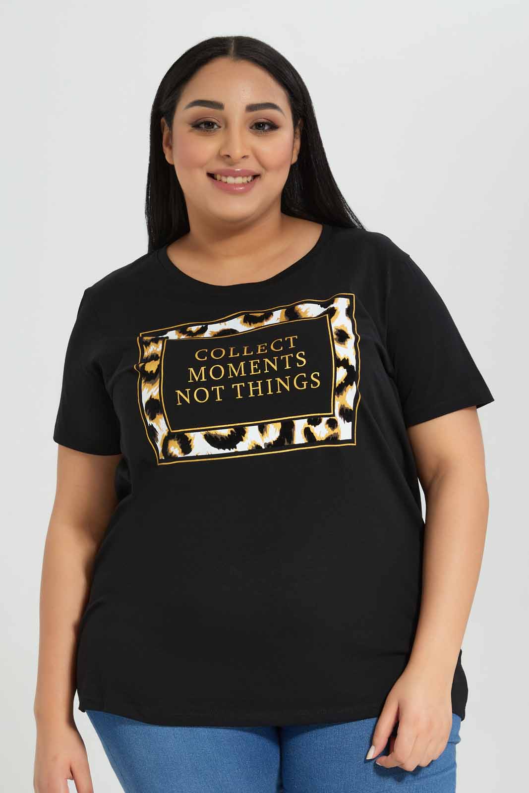 Redtag-Black-Short-Sleeve-Placement-Foil-Print-Category:T-Shirts,-Colour:Black,-Deals:New-In,-Filter:Plus-Size,-LDP-T-Shirts,-New-In-LDP-APL,-Non-Sale,-Section:Women,-TBL,-W22A-Women's-