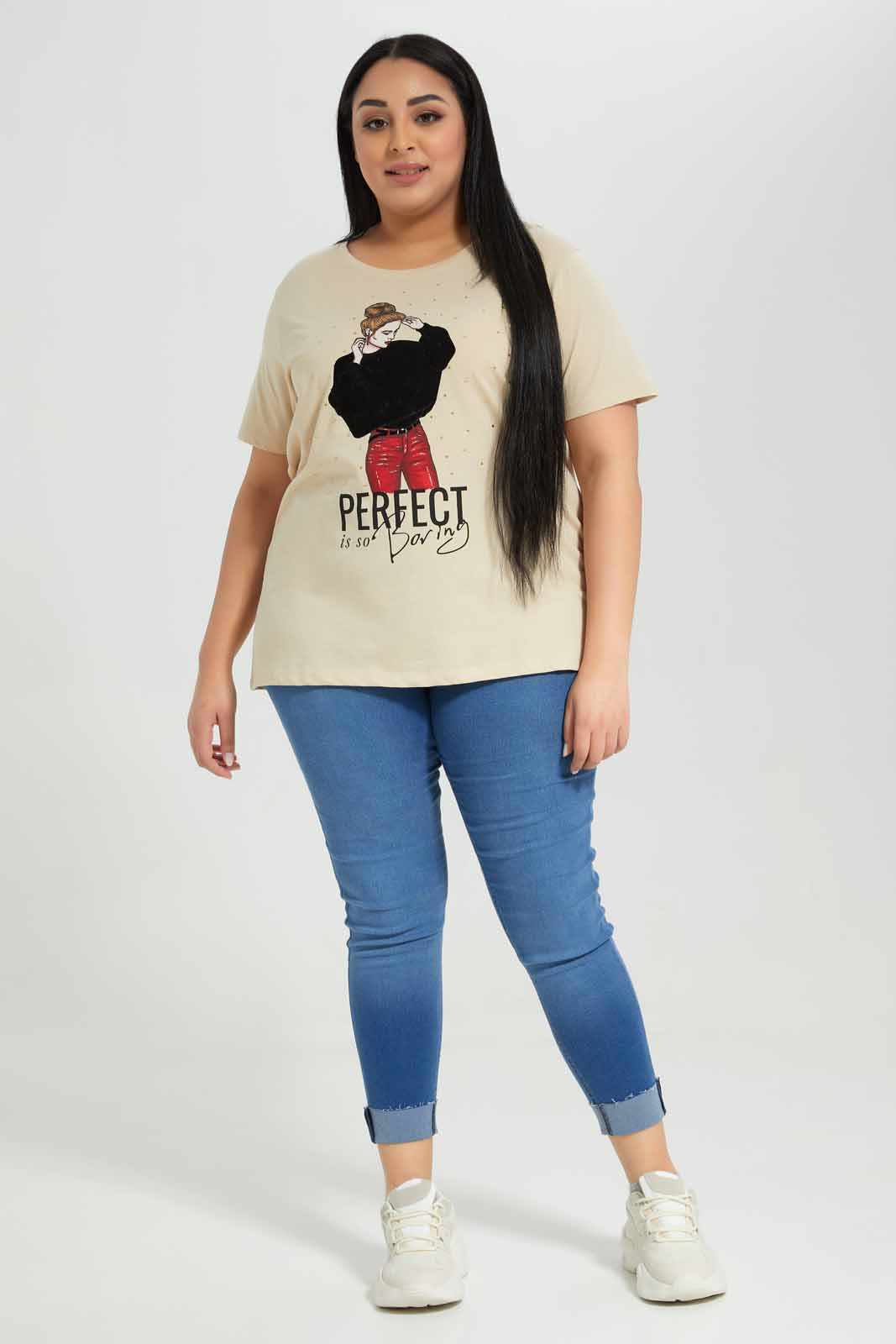 Redtag-Beige-Short-Sleeve-Placement-Print-With-Studs-Category:T-Shirts,-Colour:Beige,-Deals:New-In,-Filter:Plus-Size,-LDP-T-Shirts,-New-In-LDP-APL,-Non-Sale,-Section:Women,-TBL,-W22A-Women's-