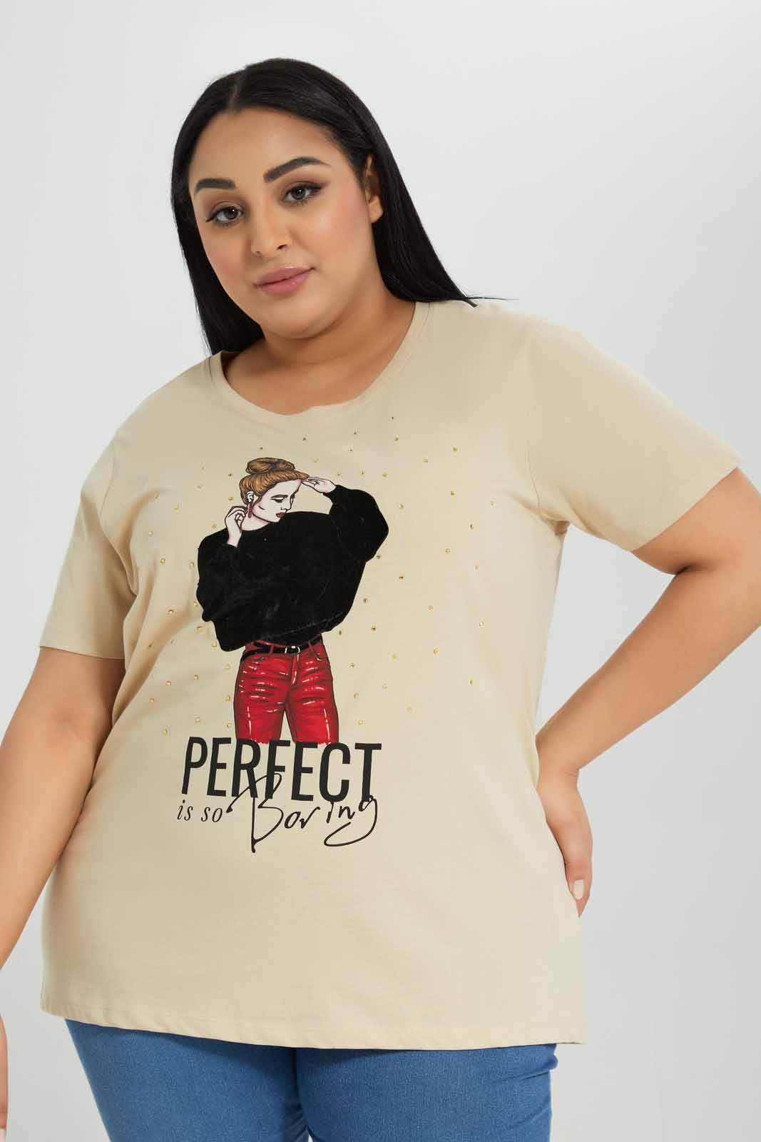 Redtag-Beige-Short-Sleeve-Placement-Print-With-Studs-Category:T-Shirts,-Colour:Beige,-Deals:New-In,-Filter:Plus-Size,-LDP-T-Shirts,-New-In-LDP-APL,-Non-Sale,-Section:Women,-TBL,-W22A-Women's-