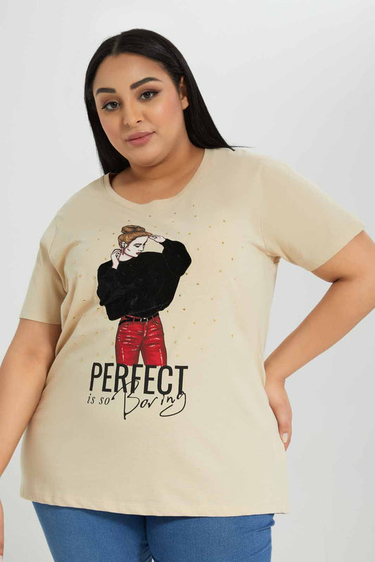Redtag-Beige-Short-Sleeve-Placement-Print-With-Studs-Category:T-Shirts,-Colour:Beige,-Deals:New-In,-Filter:Plus-Size,-LDP-T-Shirts,-New-In-LDP-APL,-Non-Sale,-Section:Women,-TBL,-W22A-Women's-