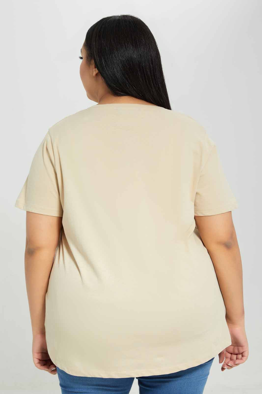 Redtag-Beige-Short-Sleeve-Placement-Print-With-Studs-Category:T-Shirts,-Colour:Beige,-Deals:New-In,-Filter:Plus-Size,-LDP-T-Shirts,-New-In-LDP-APL,-Non-Sale,-Section:Women,-TBL,-W22A-Women's-