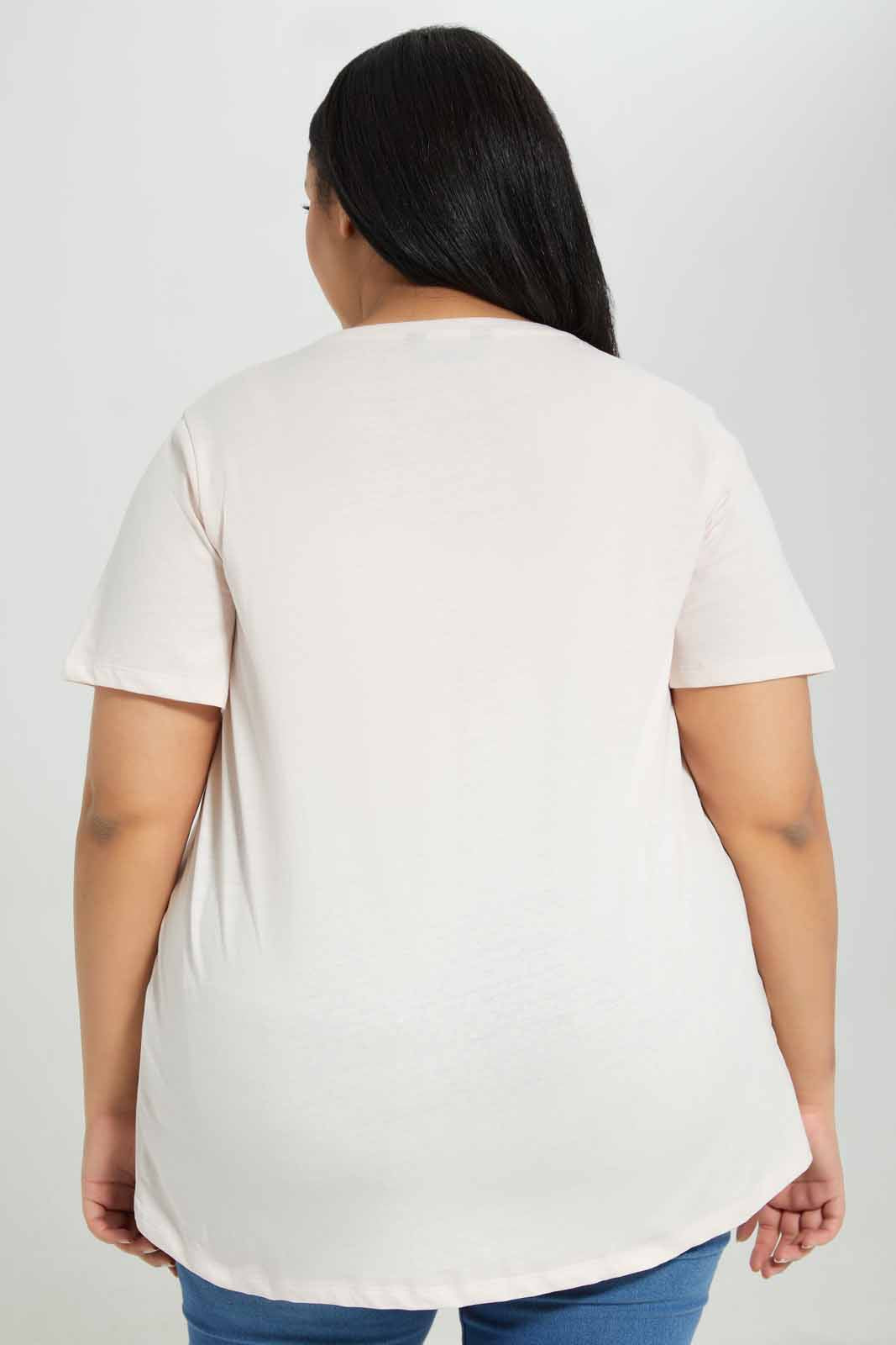 Redtag-Pink-Short-Sleeve-Placement-Folck-Print-Category:T-Shirts,-Colour:Apricot,-Deals:New-In,-Filter:Plus-Size,-LDP-T-Shirts,-New-In-LDP-APL,-Non-Sale,-Section:Women,-TBL,-W22A-Women's-