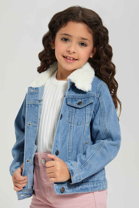 Redtag-Denim-Biker-Jacket-With-Fur-Collar-Category:Jackets,-Colour:Light-Wash,-Deals:New-In,-Denim,-Dept:Girls,-EHW,-Filter:Girls-(2-to-8-Yrs),-GIR-Jackets,-New-In-GIR-APL,-Non-Sale,-Section:Girls-(0-to-14Yrs),-W22B-Girls-2 to 8 Years