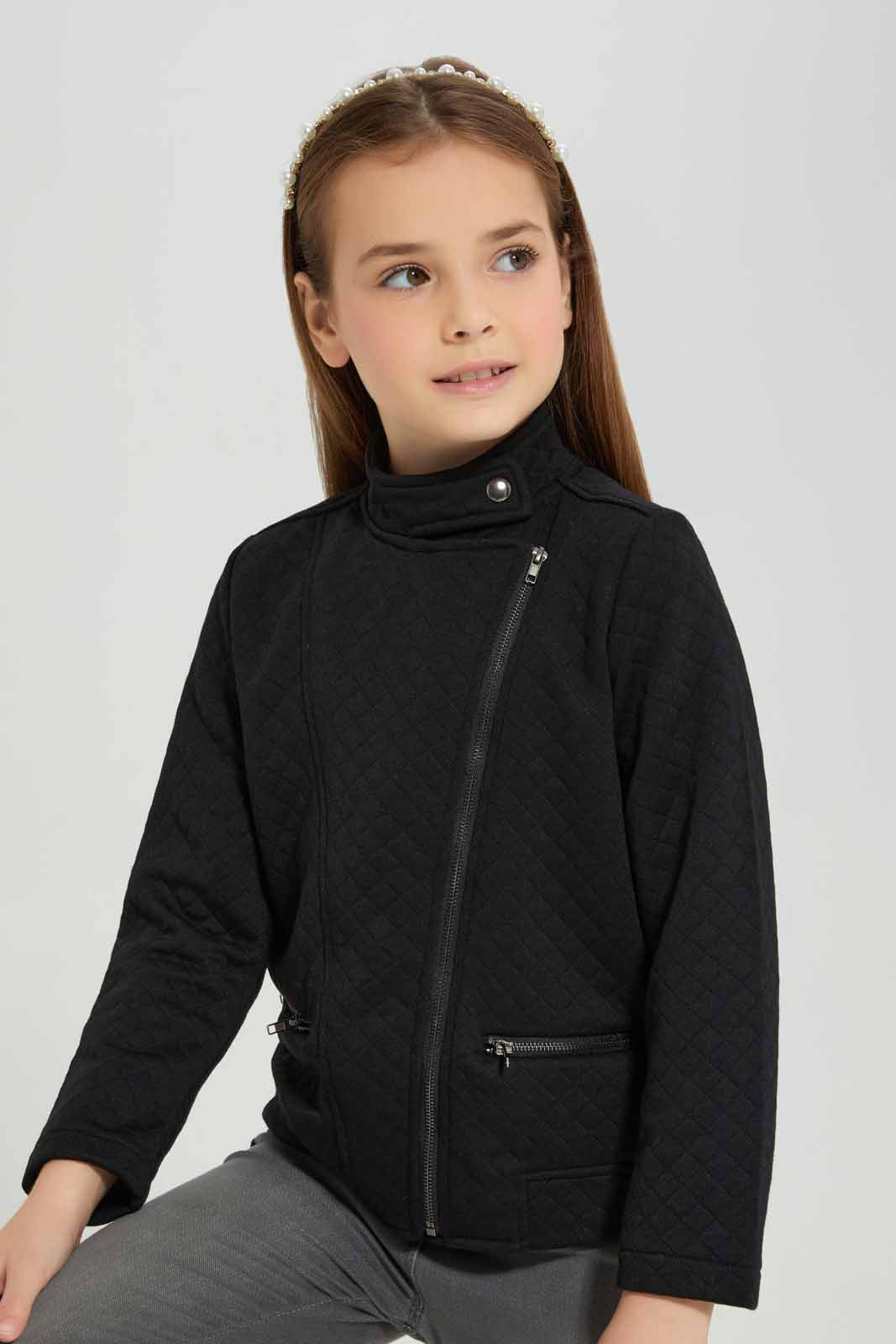 Redtag-Black-Jacquard-Biker-Jacket-Category:Jackets,-Colour:Black,-Deals:New-In,-Filter:Girls-(2-to-8-Yrs),-GIR-Jackets,-New-In-GIR-APL,-Non-Sale,-Section:Girls-(0-to-14Yrs),-W22B-Girls-2 to 8 Years