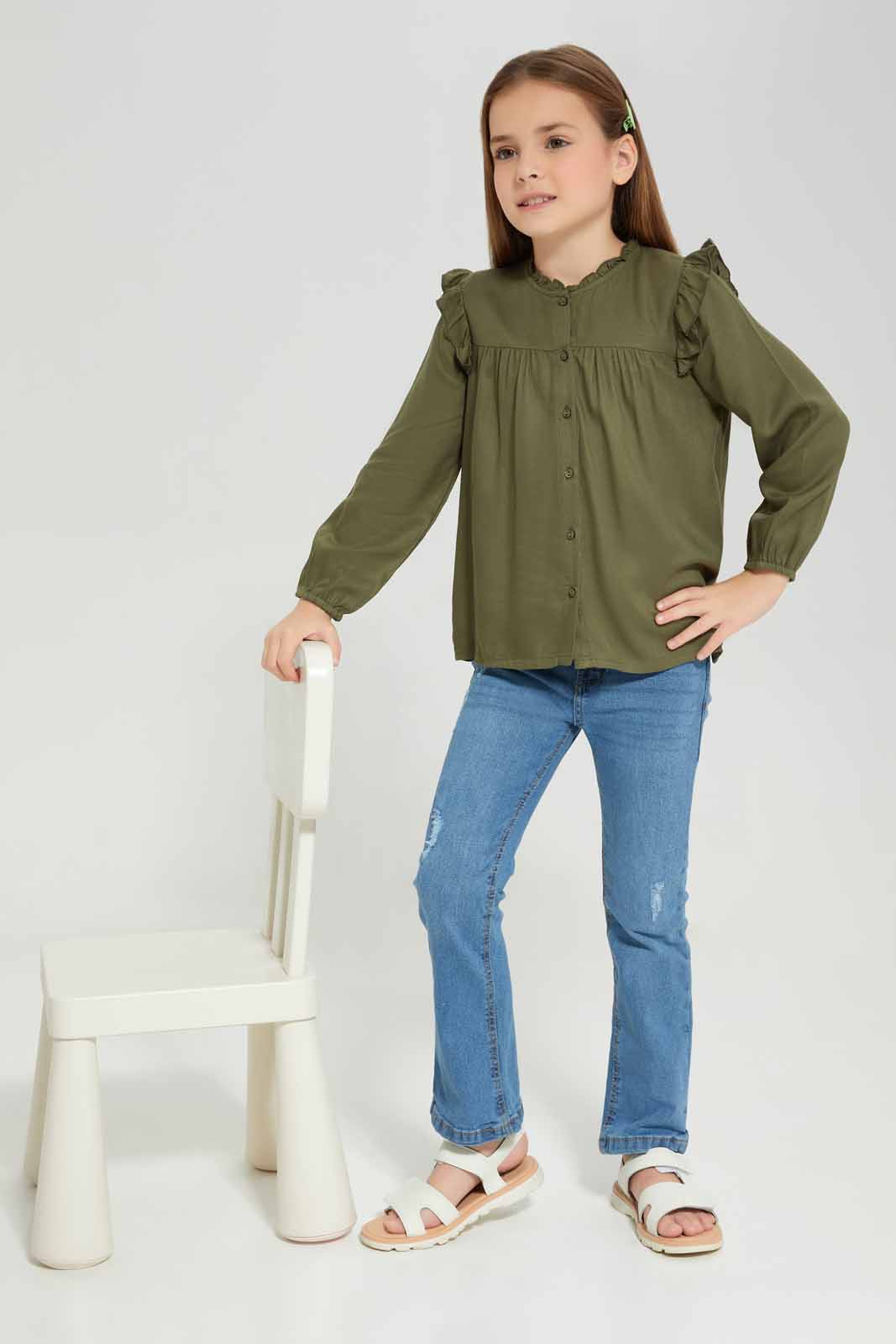 Redtag-Olive-Long-Sleeve-Blouse-Category:Blouses,-Colour:Olive,-Deals:New-In,-Filter:Girls-(2-to-8-Yrs),-GIR-Blouses,-New-In-GIR-APL,-Non-Sale,-Section:Girls-(0-to-14Yrs),-W22B-Girls-2 to 8 Years