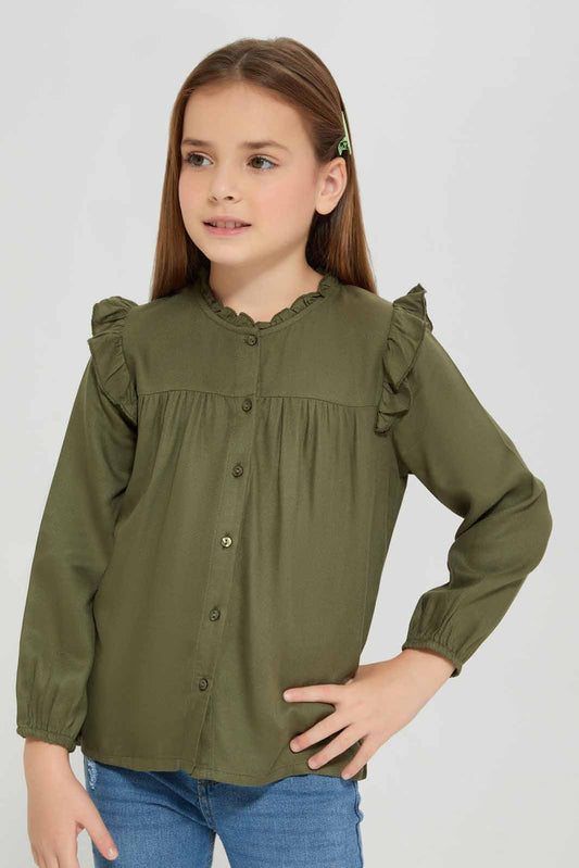 Redtag-Olive-Long-Sleeve-Blouse-Category:Blouses,-Colour:Olive,-Deals:New-In,-Filter:Girls-(2-to-8-Yrs),-GIR-Blouses,-New-In-GIR-APL,-Non-Sale,-Section:Girls-(0-to-14Yrs),-W22B-Girls-2 to 8 Years