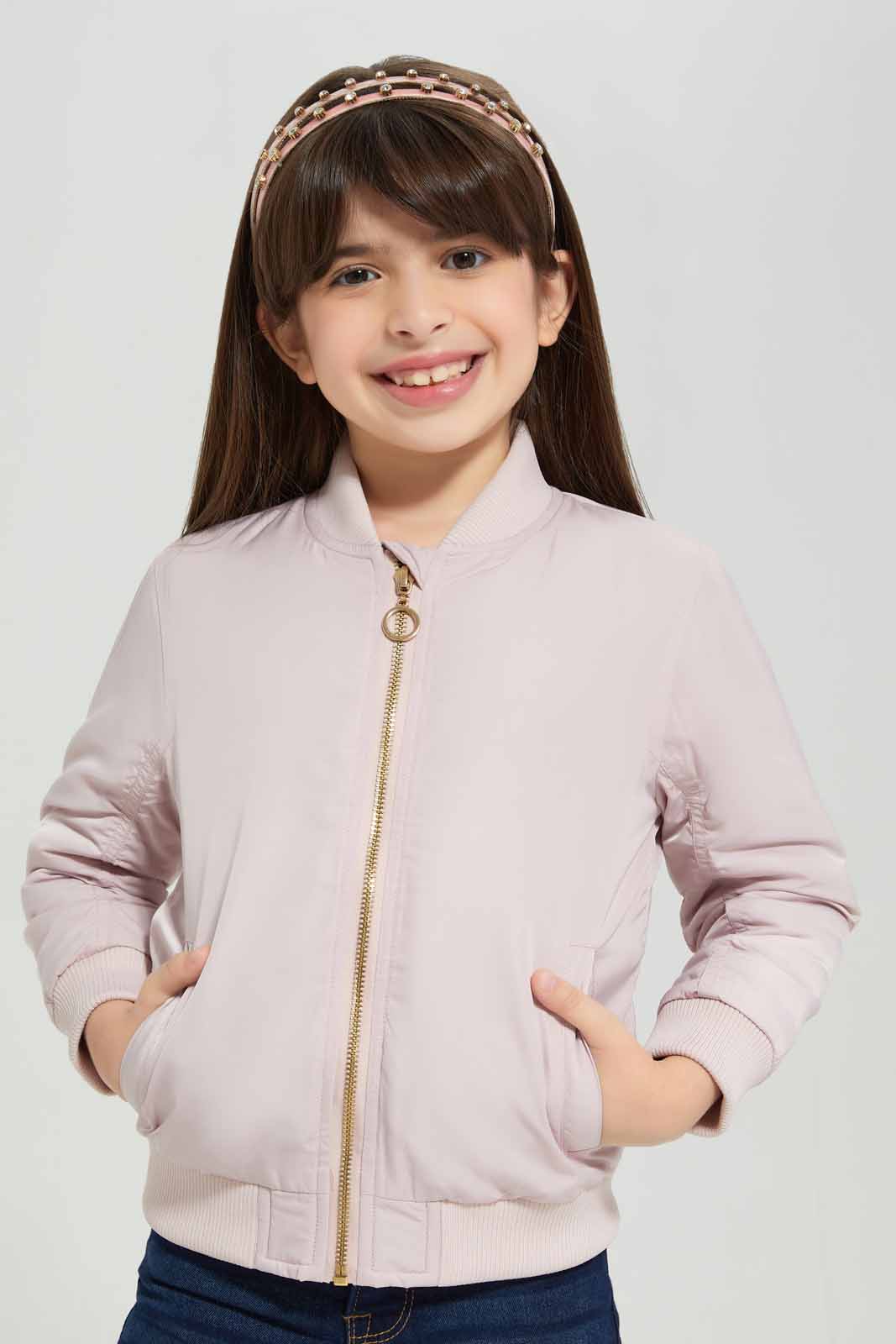Redtag-Pink-Bombar-Jacket-Category:Jackets,-Colour:Apricot,-Deals:New-In,-Dept:Girls,-Filter:Girls-(2-to-8-Yrs),-GIR-Jackets,-New-In-GIR-APL,-Non-Sale,-Section:Girls-(0-to-14Yrs),-W22B-Girls-2 to 8 Years