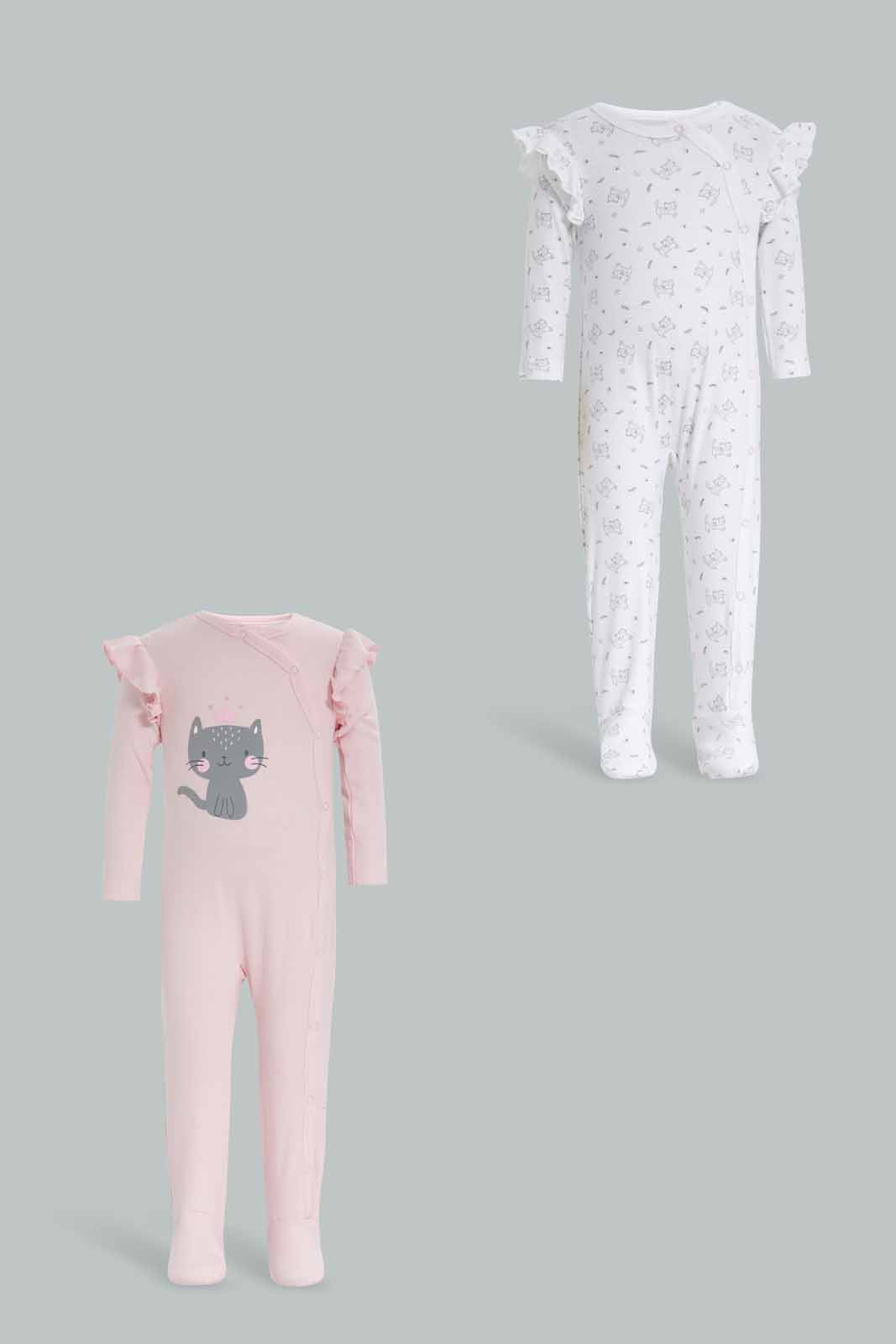Redtag-Pink-And-White-Cat-2-Piece-Pack-Sleep-Suits-Category:Sleepsuits,-Colour:Apricot,-Deals:New-In,-Filter:Baby-(0-to-12-Mths),-NBG-Sleepsuits,-New-In-NBG-APL,-Non-Sale,-Section:Girls-(0-to-14Yrs),-W22A-Baby-0 to 12 Months