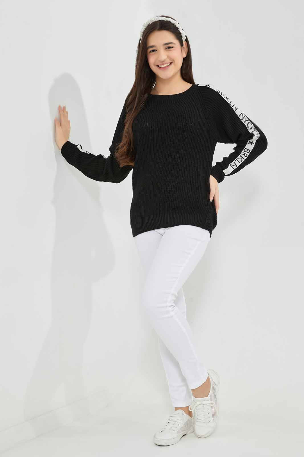 Redtag-Black-Pullover-With-Tape-Category:Pullovers,-Colour:Black,-Deals:New-In,-EHW,-Filter:Senior-Girls-(8-to-14-Yrs),-GSR-Pullovers,-New-In-GSR-APL,-Non-Sale,-Section:Girls-(0-to-14Yrs),-W22B-Senior-Girls-9 to 14 Years
