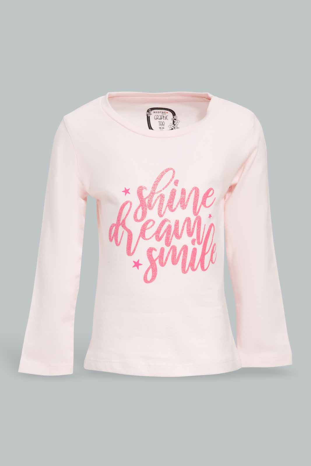 Redtag-Baby-Pink-Placement-Print-T-Shirt-Category:T-Shirts,-Colour:Apricot,-Deals:New-In,-Filter:Infant-Girls-(3-to-24-Mths),-ING-T-Shirts,-New-In-ING-APL,-Non-Sale,-Section:Girls-(0-to-14Yrs),-TBL,-W22A-Infant-Girls-3 to 24 Months
