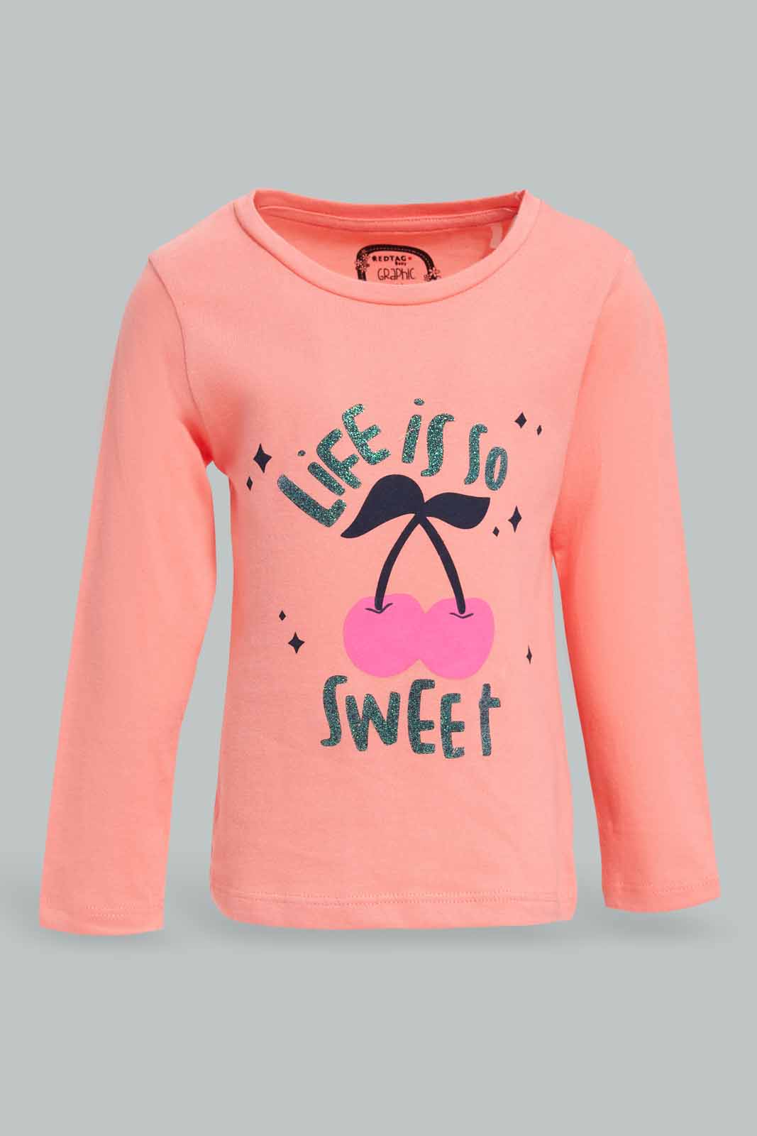Redtag-Coral-Placement-Print-T-Shirt-Category:T-Shirts,-Colour:Coral,-Deals:New-In,-Filter:Infant-Girls-(3-to-24-Mths),-ING-T-Shirts,-New-In-ING-APL,-Non-Sale,-Section:Girls-(0-to-14Yrs),-TBL,-W22A-Infant-Girls-3 to 24 Months