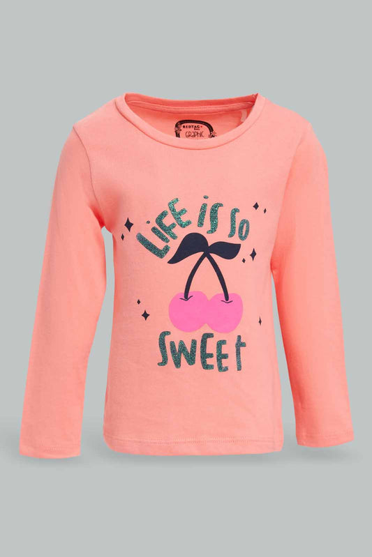 Redtag-Coral-Placement-Print-T-Shirt-Category:T-Shirts,-Colour:Coral,-Deals:New-In,-Filter:Infant-Girls-(3-to-24-Mths),-ING-T-Shirts,-New-In-ING-APL,-Non-Sale,-Section:Girls-(0-to-14Yrs),-TBL,-W22A-Infant-Girls-3 to 24 Months