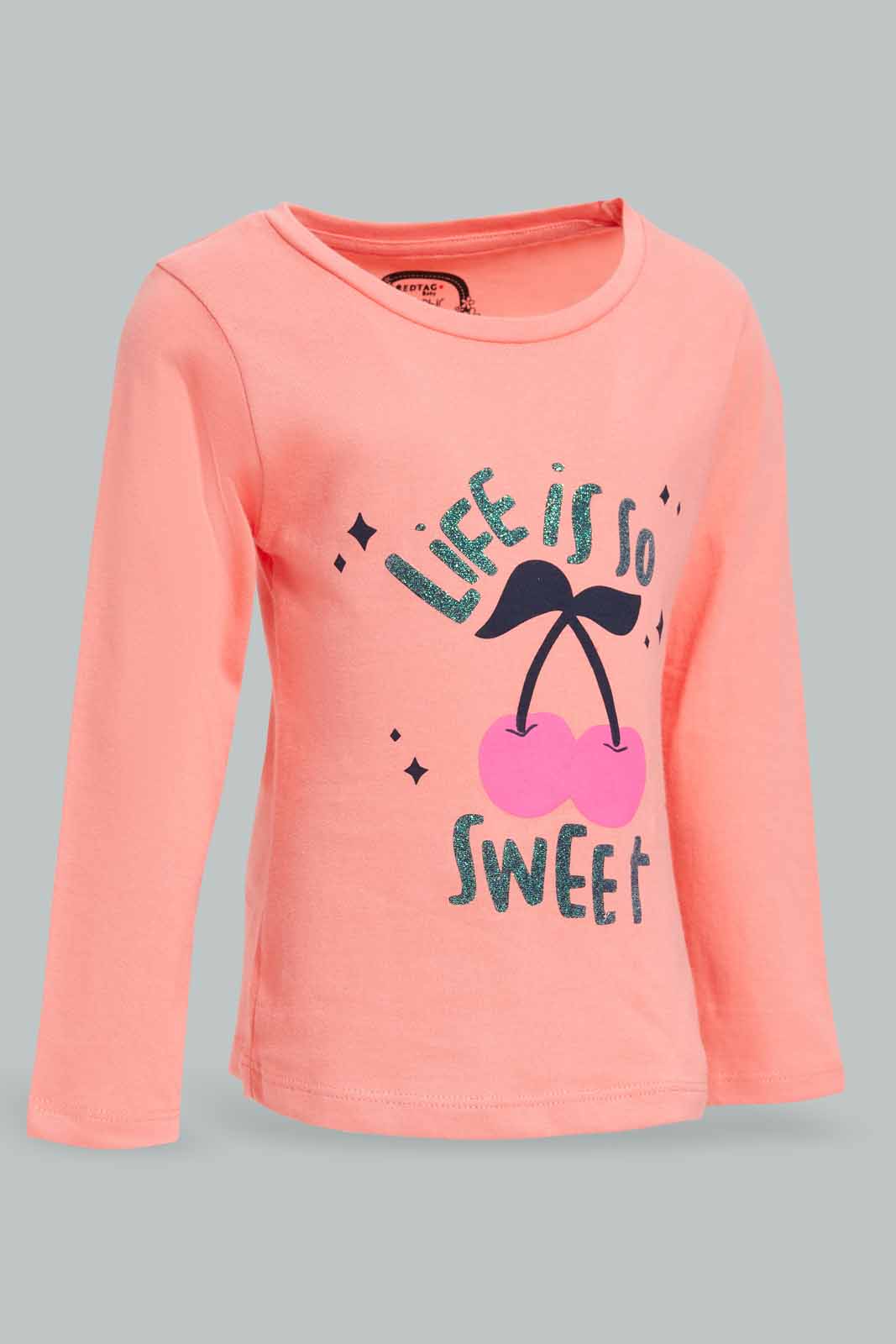 Redtag-Coral-Placement-Print-T-Shirt-Category:T-Shirts,-Colour:Coral,-Deals:New-In,-Filter:Infant-Girls-(3-to-24-Mths),-ING-T-Shirts,-New-In-ING-APL,-Non-Sale,-Section:Girls-(0-to-14Yrs),-TBL,-W22A-Infant-Girls-3 to 24 Months