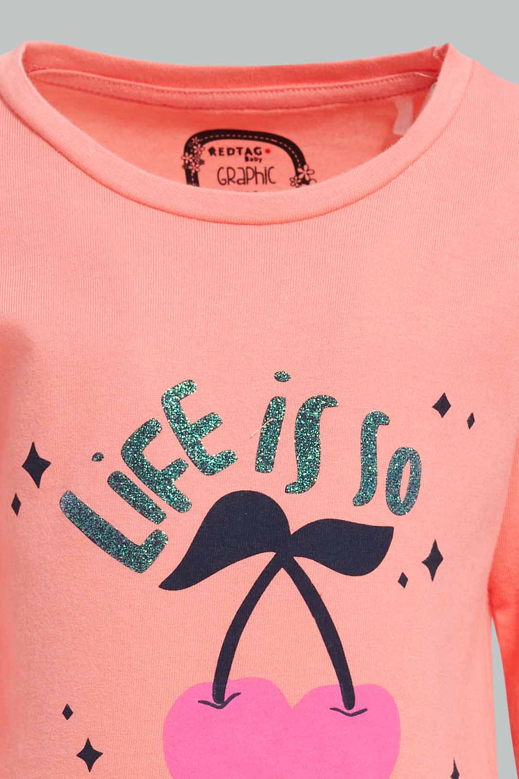 Redtag-Coral-Placement-Print-T-Shirt-Category:T-Shirts,-Colour:Coral,-Deals:New-In,-Filter:Infant-Girls-(3-to-24-Mths),-ING-T-Shirts,-New-In-ING-APL,-Non-Sale,-Section:Girls-(0-to-14Yrs),-TBL,-W22A-Infant-Girls-3 to 24 Months
