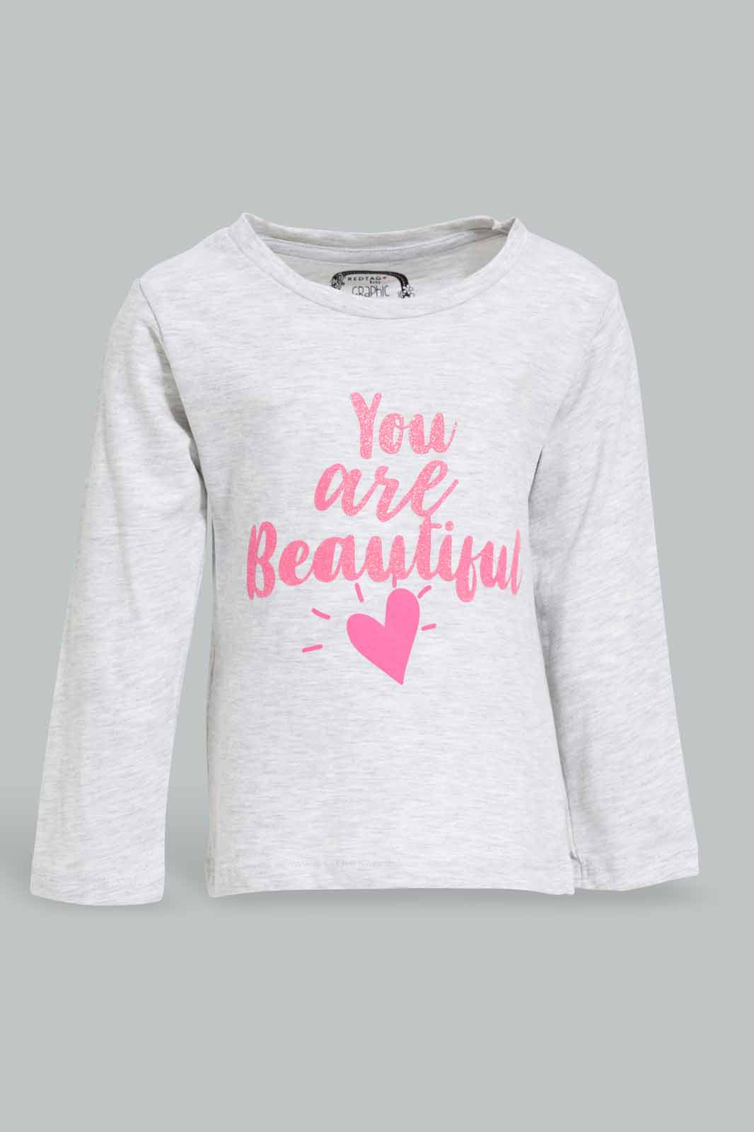 Redtag-Grey-Melange-Placement-Print-T-Shirt-Category:T-Shirts,-Colour:Grey,-Deals:New-In,-Filter:Infant-Girls-(3-to-24-Mths),-ING-T-Shirts,-New-In-ING-APL,-Non-Sale,-Section:Girls-(0-to-14Yrs),-TBL,-W22A-Infant-Girls-3 to 24 Months