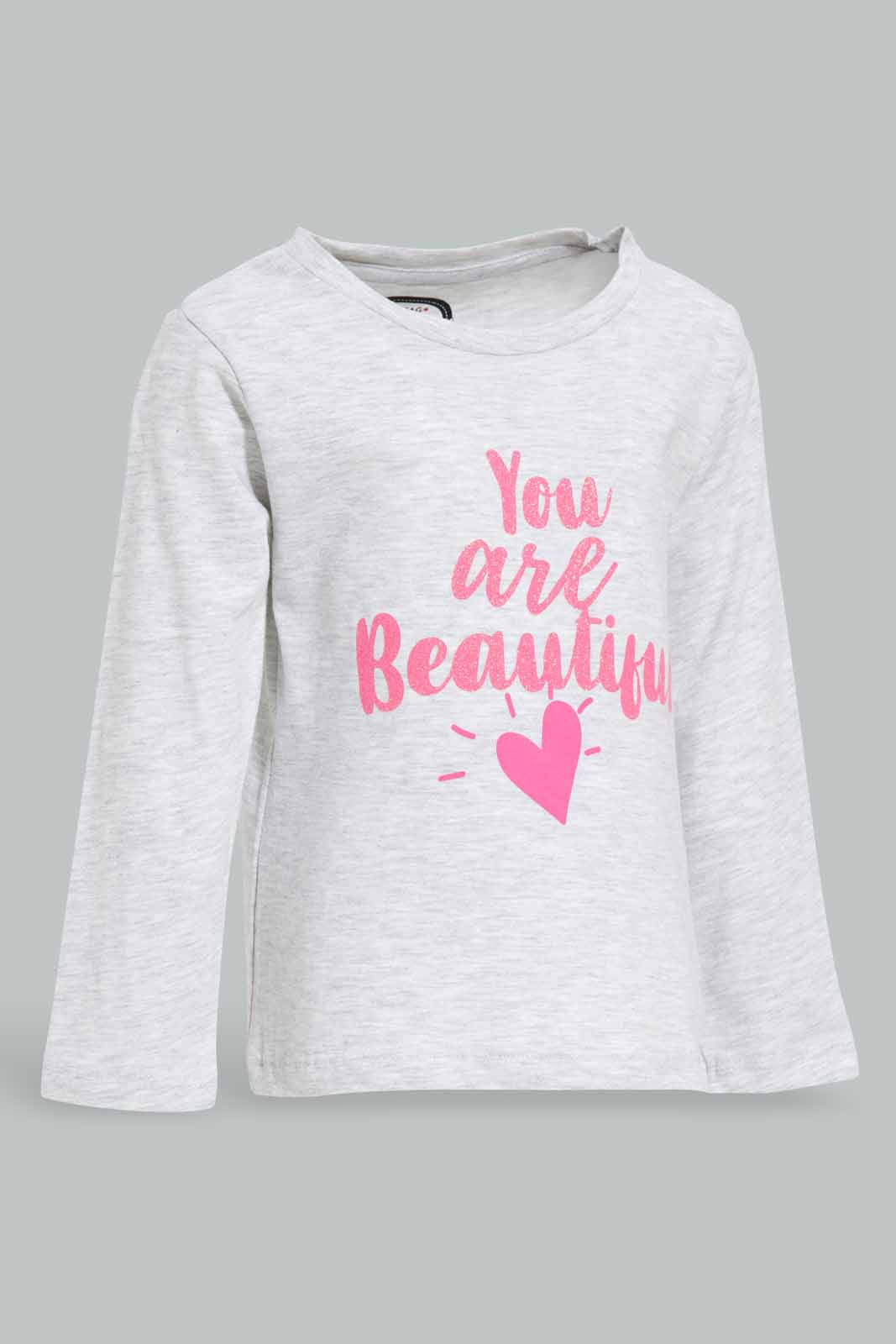 Redtag-Grey-Melange-Placement-Print-T-Shirt-Category:T-Shirts,-Colour:Grey,-Deals:New-In,-Filter:Infant-Girls-(3-to-24-Mths),-ING-T-Shirts,-New-In-ING-APL,-Non-Sale,-Section:Girls-(0-to-14Yrs),-TBL,-W22A-Infant-Girls-3 to 24 Months