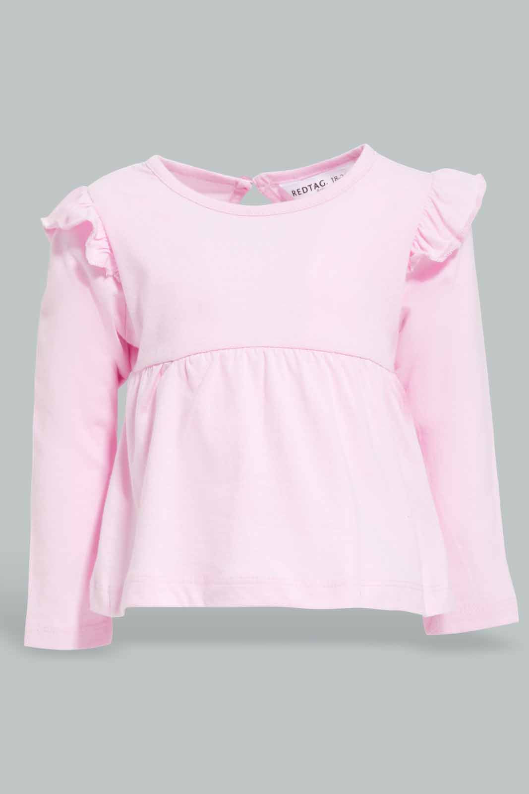 Redtag-Pink-Solid-Jersey-Top-With-Shoulder-Frills-Category:T-Shirts,-Colour:Apricot,-Deals:New-In,-Filter:Infant-Girls-(3-to-24-Mths),-ING-T-Shirts,-New-In-ING-APL,-Non-Sale,-Section:Girls-(0-to-14Yrs),-TBL,-W22A-Infant-Girls-3 to 24 Months