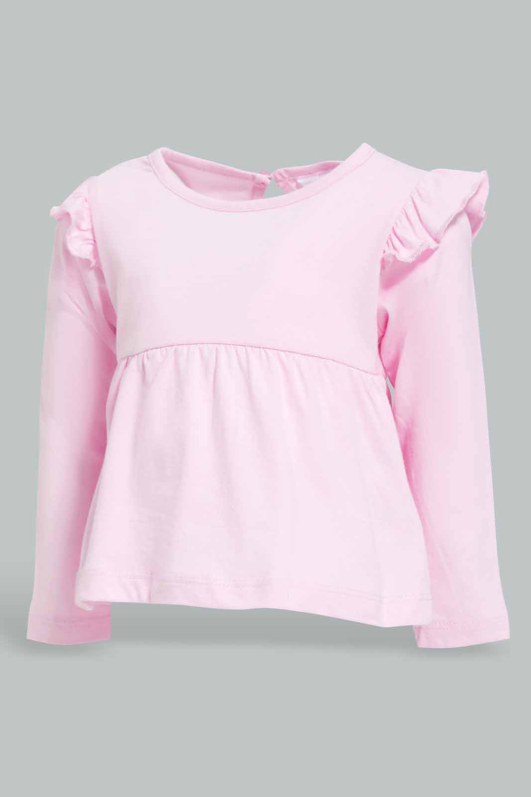 Redtag-Pink-Solid-Jersey-Top-With-Shoulder-Frills-Category:T-Shirts,-Colour:Apricot,-Deals:New-In,-Filter:Infant-Girls-(3-to-24-Mths),-ING-T-Shirts,-New-In-ING-APL,-Non-Sale,-Section:Girls-(0-to-14Yrs),-TBL,-W22A-Infant-Girls-3 to 24 Months