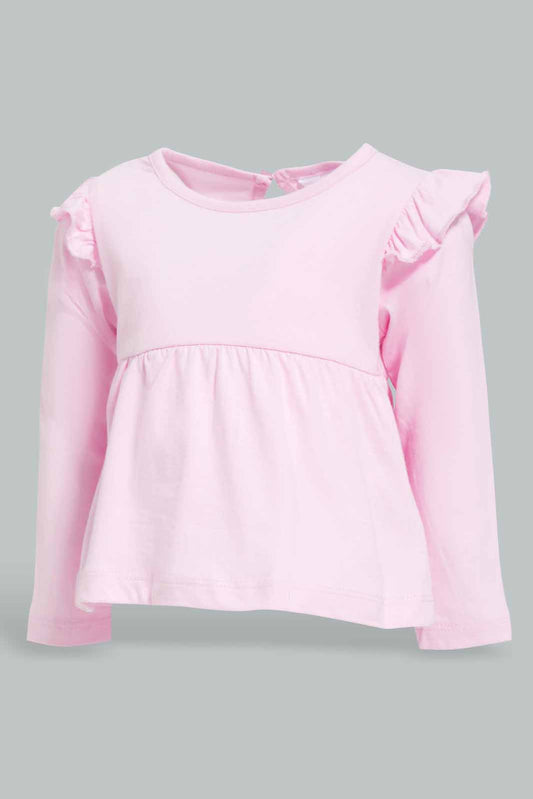 Redtag-Pink-Solid-Jersey-Top-With-Shoulder-Frills-Category:T-Shirts,-Colour:Apricot,-Deals:New-In,-Filter:Infant-Girls-(3-to-24-Mths),-ING-T-Shirts,-New-In-ING-APL,-Non-Sale,-Section:Girls-(0-to-14Yrs),-TBL,-W22A-Infant-Girls-3 to 24 Months