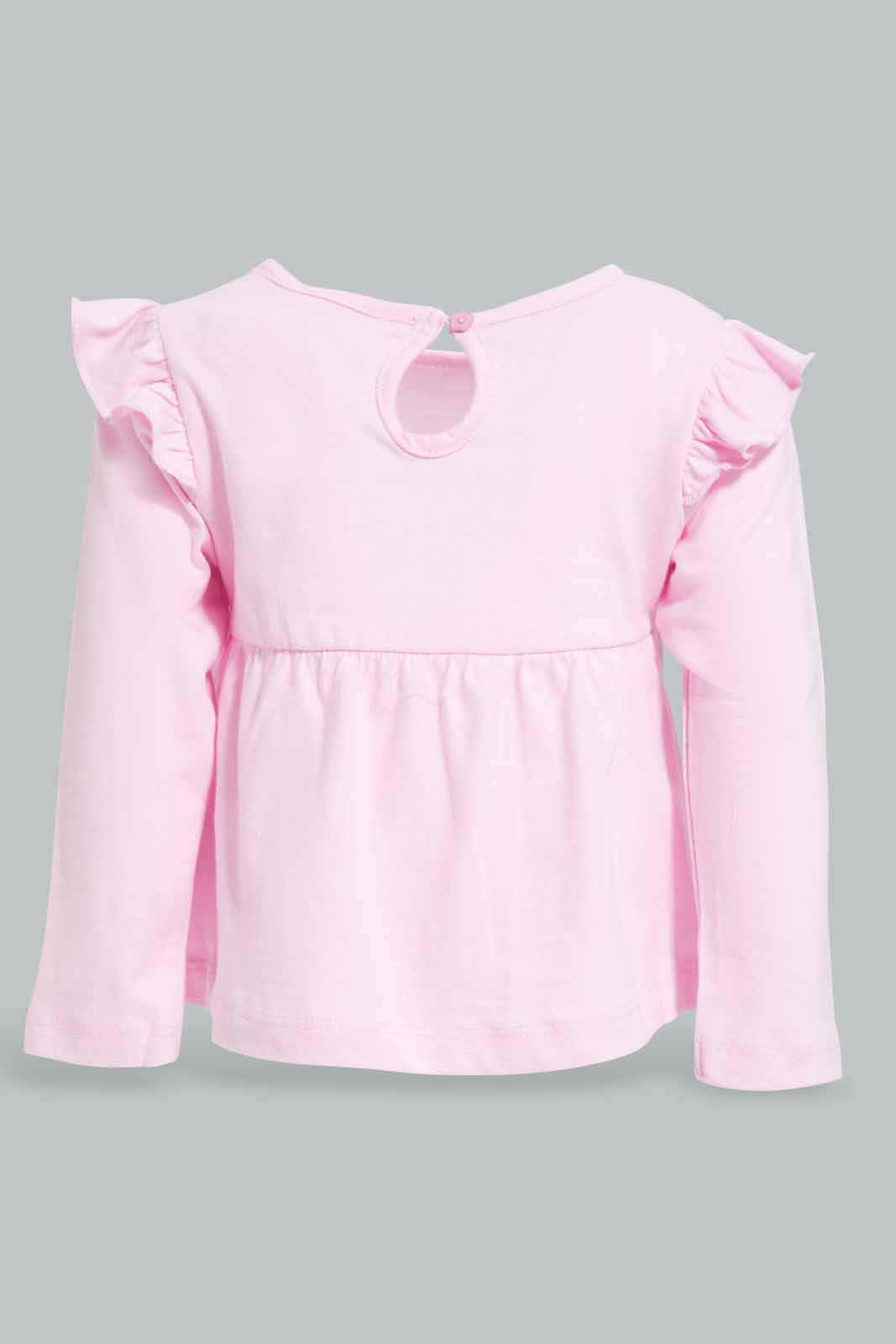 Redtag-Pink-Solid-Jersey-Top-With-Shoulder-Frills-Category:T-Shirts,-Colour:Apricot,-Deals:New-In,-Filter:Infant-Girls-(3-to-24-Mths),-ING-T-Shirts,-New-In-ING-APL,-Non-Sale,-Section:Girls-(0-to-14Yrs),-TBL,-W22A-Infant-Girls-3 to 24 Months