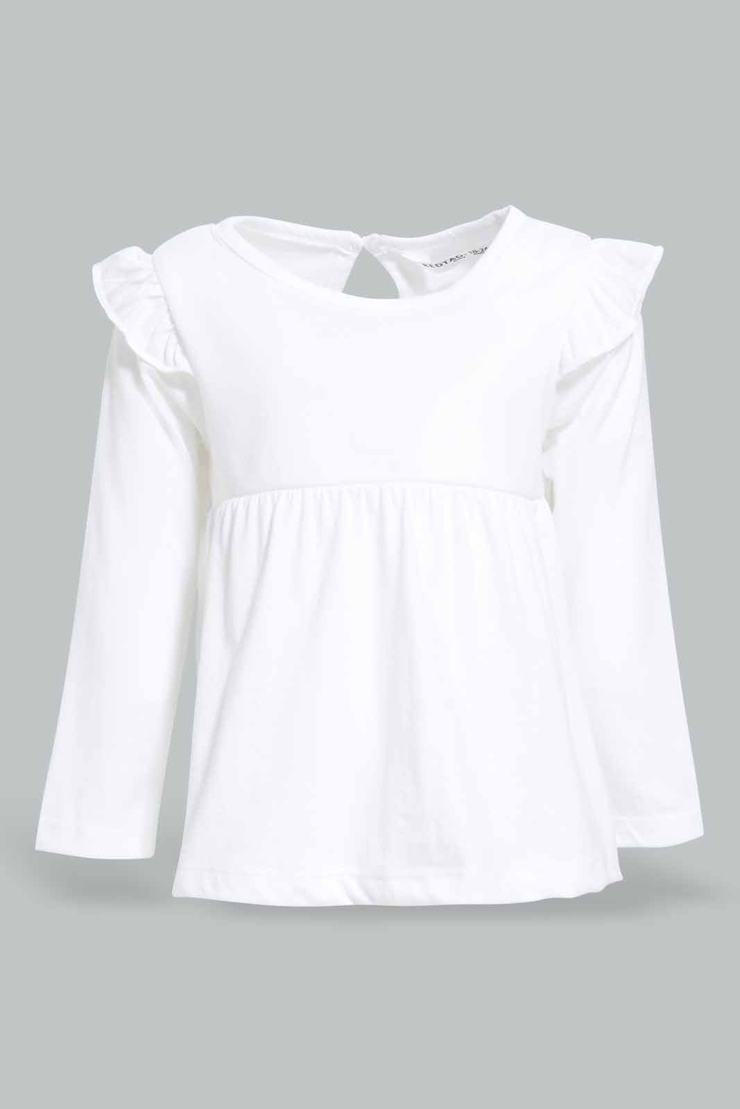 Redtag-White-Solid-Jersey-Top-With-Shoulder-Frills-Category:T-Shirts,-Colour:White,-Deals:New-In,-Filter:Infant-Girls-(3-to-24-Mths),-ING-T-Shirts,-New-In-ING-APL,-Non-Sale,-Section:Girls-(0-to-14Yrs),-TBL,-W22A-Infant-Girls-3 to 24 Months