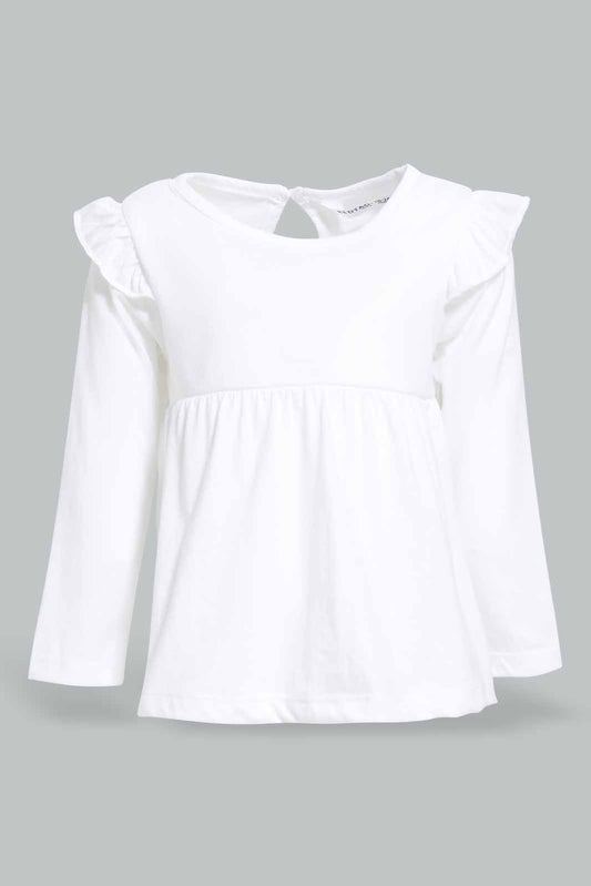 Redtag-White-Solid-Jersey-Top-With-Shoulder-Frills-Category:T-Shirts,-Colour:White,-Deals:New-In,-Filter:Infant-Girls-(3-to-24-Mths),-ING-T-Shirts,-New-In-ING-APL,-Non-Sale,-Section:Girls-(0-to-14Yrs),-TBL,-W22A-Infant-Girls-3 to 24 Months