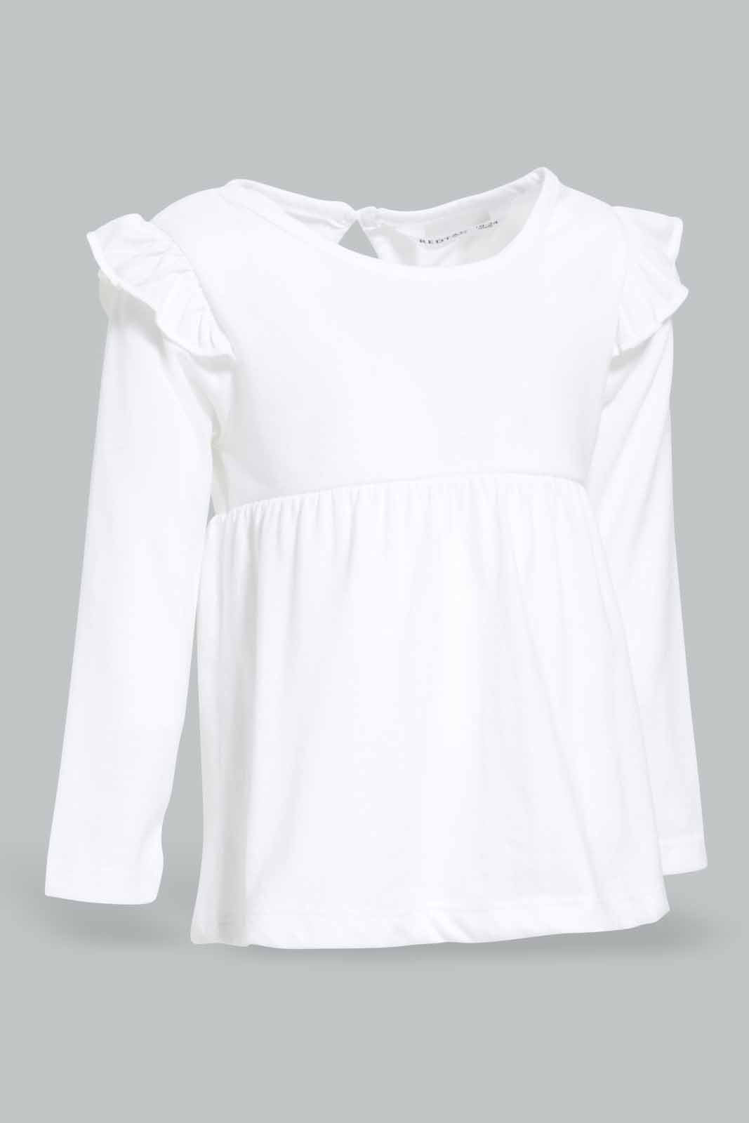 Redtag-White-Solid-Jersey-Top-With-Shoulder-Frills-Category:T-Shirts,-Colour:White,-Deals:New-In,-Filter:Infant-Girls-(3-to-24-Mths),-ING-T-Shirts,-New-In-ING-APL,-Non-Sale,-Section:Girls-(0-to-14Yrs),-TBL,-W22A-Infant-Girls-3 to 24 Months