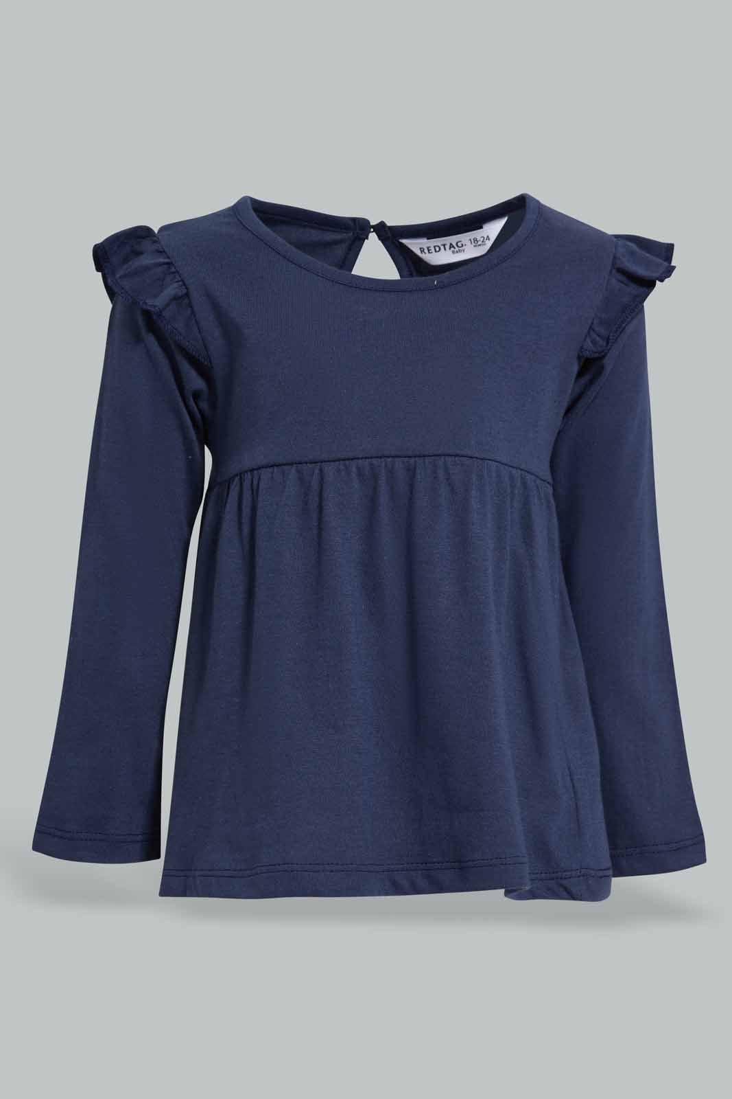 Redtag-Navy-Solid-Jersey-Top-With-Shoulder-Frills-Category:T-Shirts,-Colour:Navy,-Deals:New-In,-Filter:Infant-Girls-(3-to-24-Mths),-ING-T-Shirts,-New-In-ING-APL,-Non-Sale,-Section:Girls-(0-to-14Yrs),-TBL,-W22A-Infant-Girls-3 to 24 Months