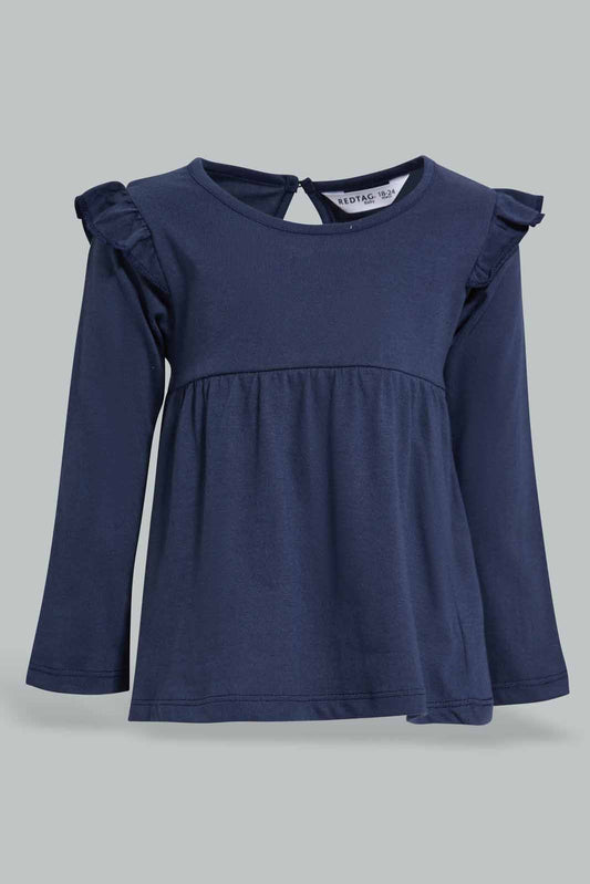 Redtag-Navy-Solid-Jersey-Top-With-Shoulder-Frills-Category:T-Shirts,-Colour:Navy,-Deals:New-In,-Filter:Infant-Girls-(3-to-24-Mths),-ING-T-Shirts,-New-In-ING-APL,-Non-Sale,-Section:Girls-(0-to-14Yrs),-TBL,-W22A-Infant-Girls-3 to 24 Months