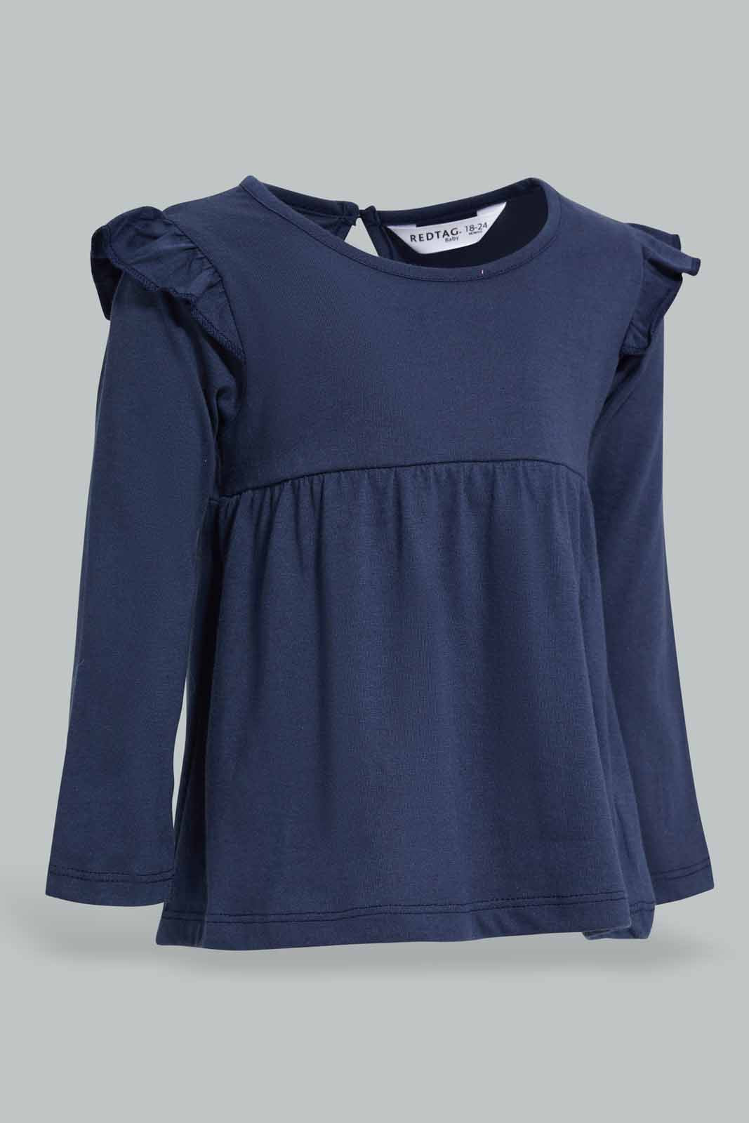 Redtag-Navy-Solid-Jersey-Top-With-Shoulder-Frills-Category:T-Shirts,-Colour:Navy,-Deals:New-In,-Filter:Infant-Girls-(3-to-24-Mths),-ING-T-Shirts,-New-In-ING-APL,-Non-Sale,-Section:Girls-(0-to-14Yrs),-TBL,-W22A-Infant-Girls-3 to 24 Months