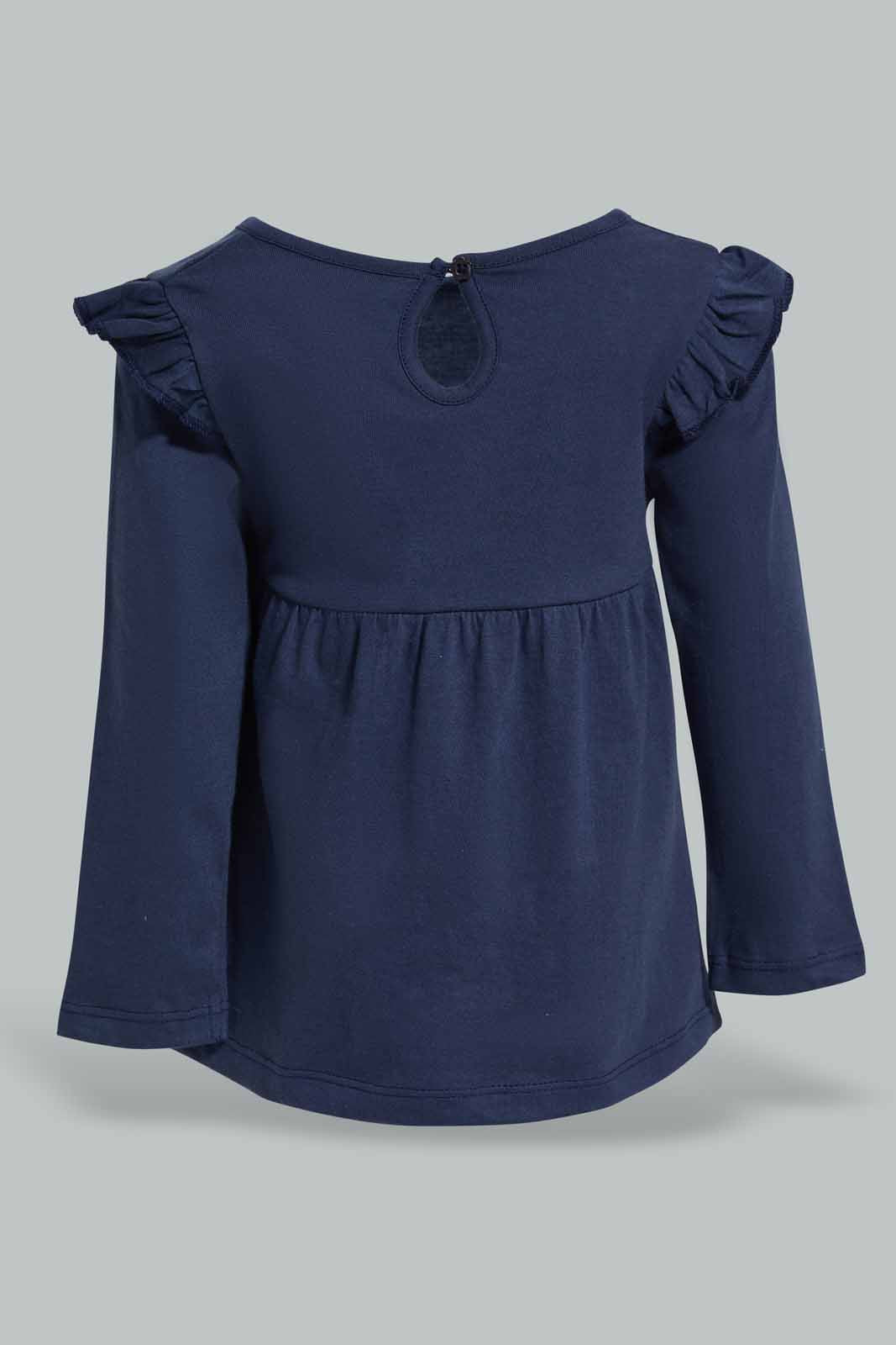 Redtag-Navy-Solid-Jersey-Top-With-Shoulder-Frills-Category:T-Shirts,-Colour:Navy,-Deals:New-In,-Filter:Infant-Girls-(3-to-24-Mths),-ING-T-Shirts,-New-In-ING-APL,-Non-Sale,-Section:Girls-(0-to-14Yrs),-TBL,-W22A-Infant-Girls-3 to 24 Months