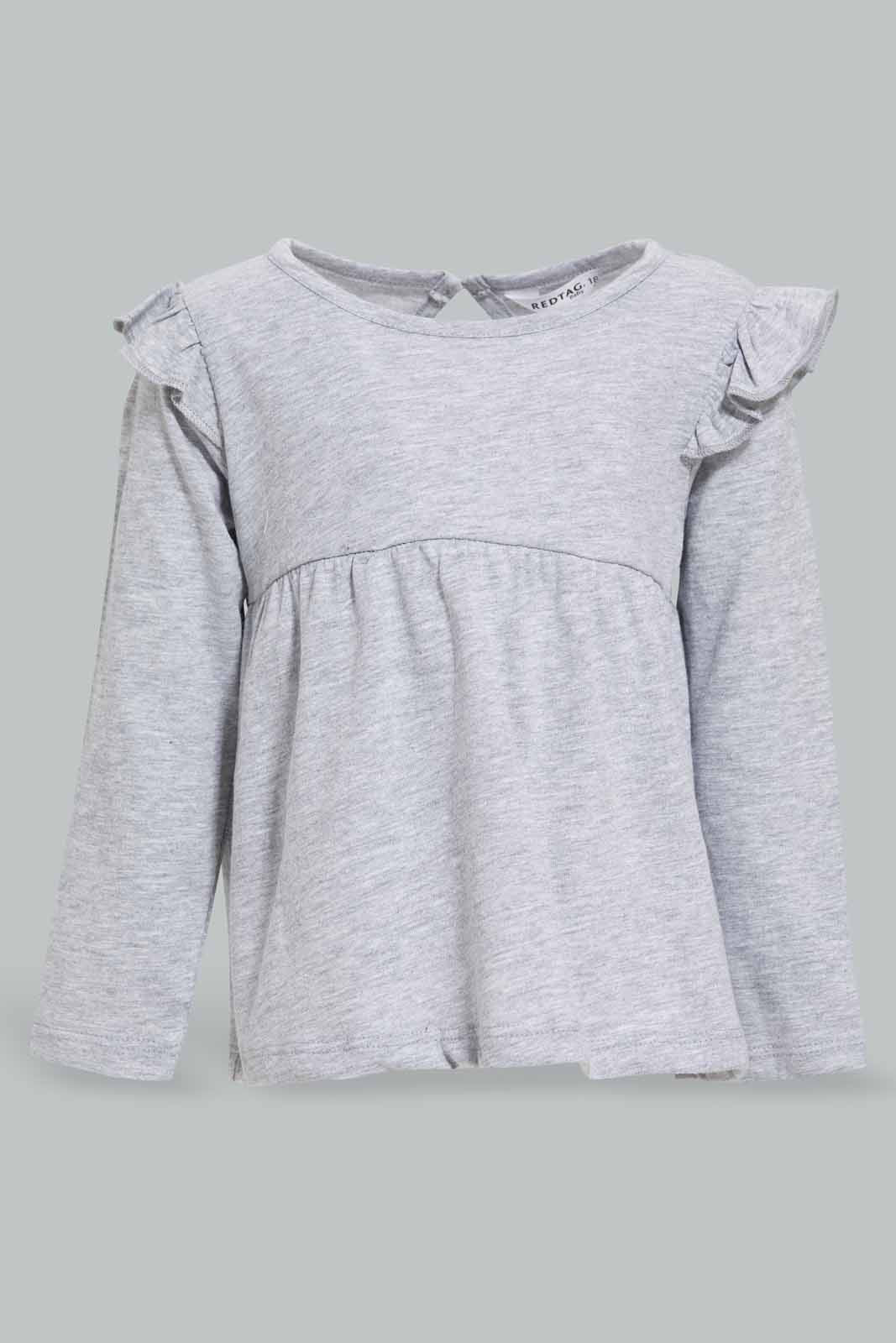 Redtag-Pale-Grey-Solid-Jersey-Top-With-Shoulder-Frills-Category:T-Shirts,-Colour:Grey,-Deals:New-In,-Filter:Infant-Girls-(3-to-24-Mths),-ING-T-Shirts,-New-In-ING-APL,-Non-Sale,-Section:Girls-(0-to-14Yrs),-TBL,-W22A-Infant-Girls-3 to 24 Months