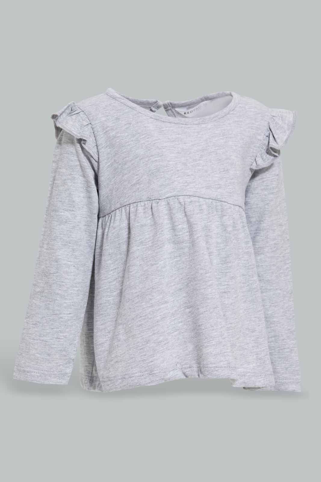 Redtag-Pale-Grey-Solid-Jersey-Top-With-Shoulder-Frills-Category:T-Shirts,-Colour:Grey,-Deals:New-In,-Filter:Infant-Girls-(3-to-24-Mths),-ING-T-Shirts,-New-In-ING-APL,-Non-Sale,-Section:Girls-(0-to-14Yrs),-TBL,-W22A-Infant-Girls-3 to 24 Months