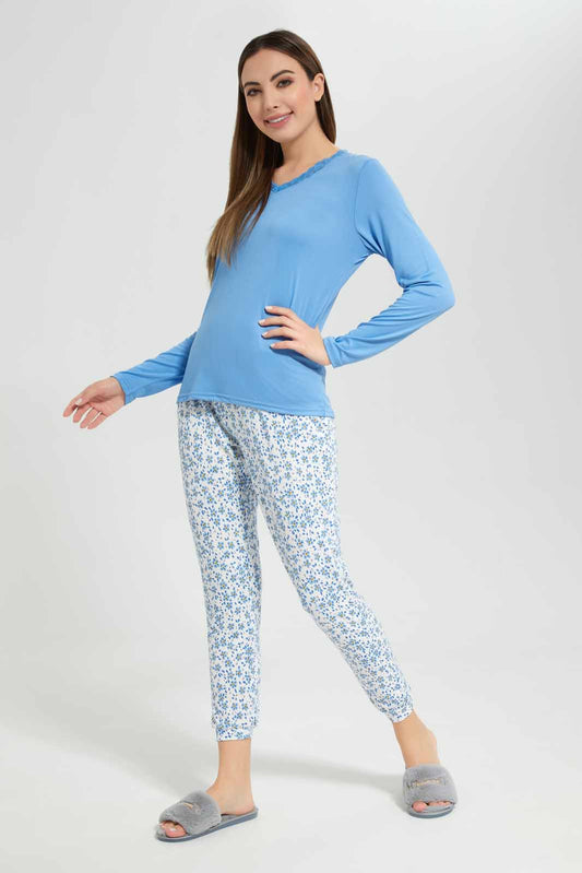 Redtag-Long-Sleeves-Pajama-Set-Bottom-Aop-Category:Pyjama-Sets,-Colour:Blue,-Deals:New-In,-Filter:Women's-Clothing,-New-In-Women-APL,-Non-Sale,-Section:Women,-TBL,-W22A,-Women-Pyjama-Sets--