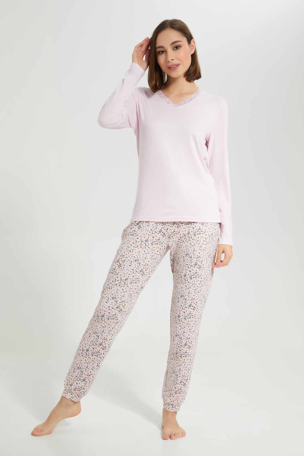 Redtag-Long-Sleeve-Pajama-Set-Botton-Aop-Category:Pyjama-Sets,-Colour:Apricot,-Deals:New-In,-Filter:Women's-Clothing,-New-In-Women-APL,-Non-Sale,-Section:Women,-TBL,-W22A,-Women-Pyjama-Sets--