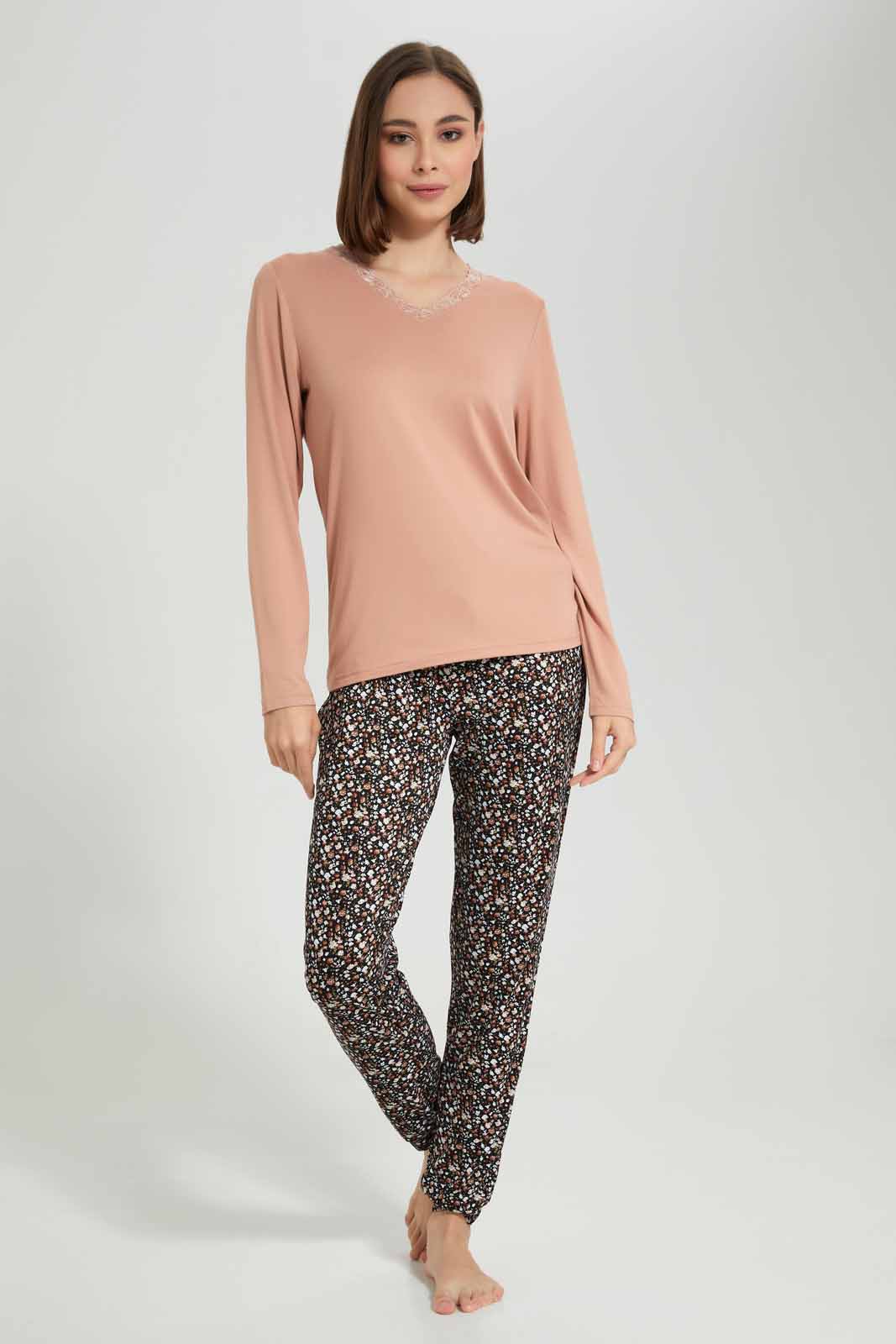 Redtag-Long-Sleeve-Pajama-Set-Botton-Aop-Category:Pyjama-Sets,-Colour:Beige,-Deals:New-In,-Filter:Women's-Clothing,-New-In-Women-APL,-Non-Sale,-Section:Women,-TBL,-W22A,-Women-Pyjama-Sets--