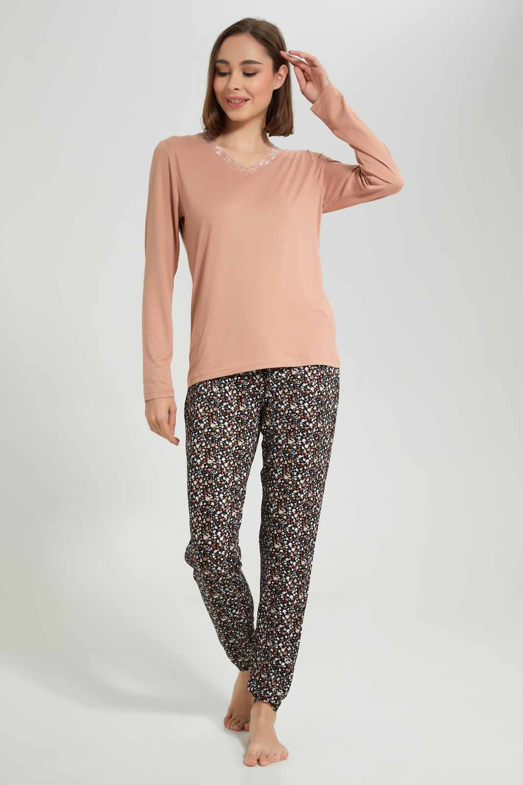 Redtag-Long-Sleeve-Pajama-Set-Botton-Aop-Category:Pyjama-Sets,-Colour:Beige,-Deals:New-In,-Filter:Women's-Clothing,-New-In-Women-APL,-Non-Sale,-Section:Women,-TBL,-W22A,-Women-Pyjama-Sets--