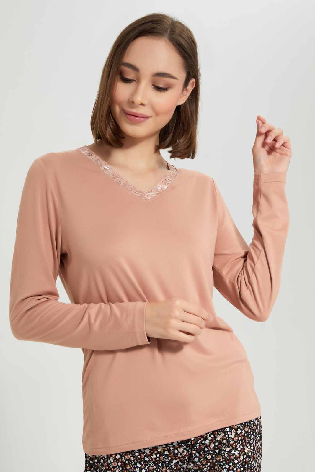 Redtag-Long-Sleeve-Pajama-Set-Botton-Aop-Category:Pyjama-Sets,-Colour:Beige,-Deals:New-In,-Filter:Women's-Clothing,-New-In-Women-APL,-Non-Sale,-Section:Women,-TBL,-W22A,-Women-Pyjama-Sets--