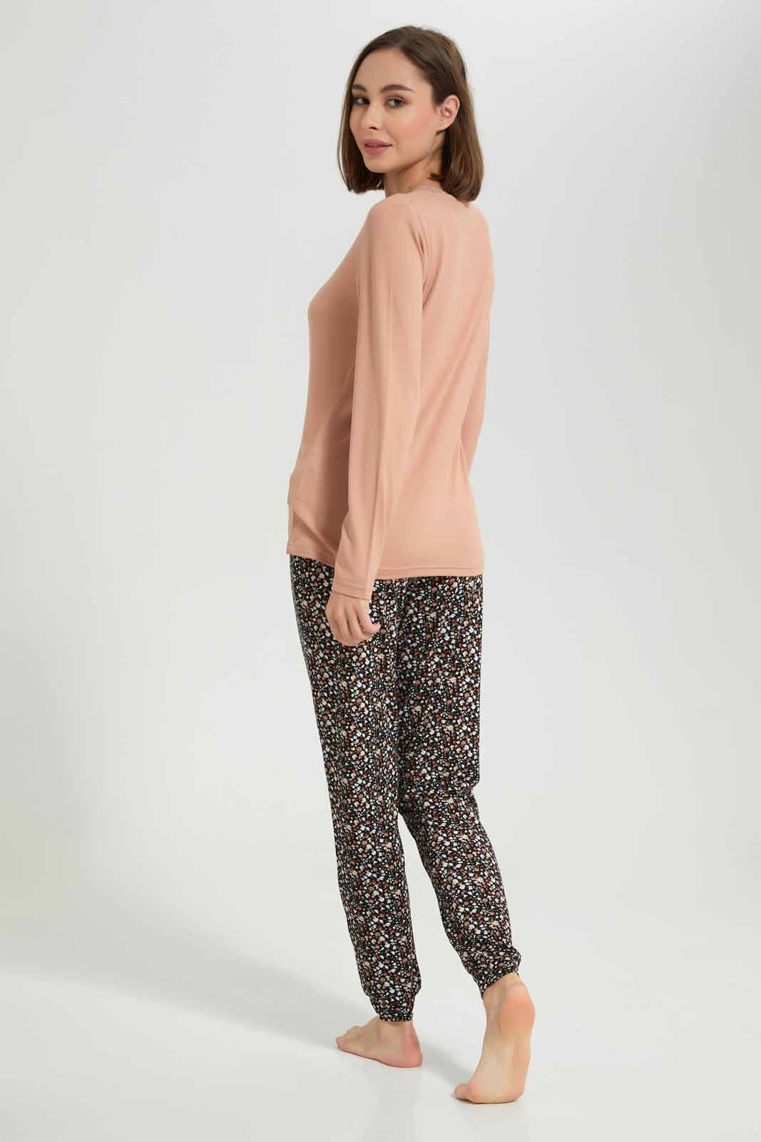 Redtag-Long-Sleeve-Pajama-Set-Botton-Aop-Category:Pyjama-Sets,-Colour:Beige,-Deals:New-In,-Filter:Women's-Clothing,-New-In-Women-APL,-Non-Sale,-Section:Women,-TBL,-W22A,-Women-Pyjama-Sets--